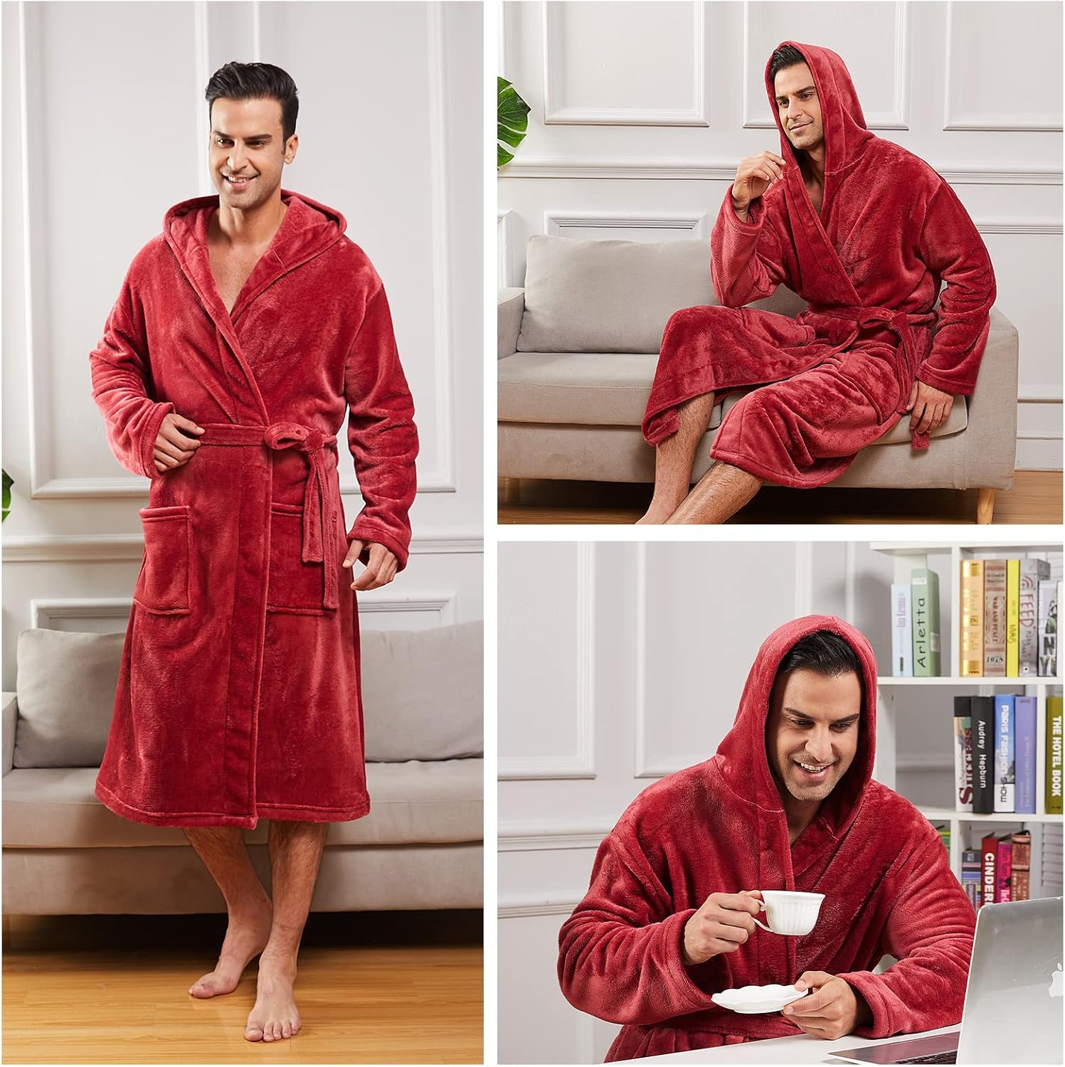 FashGudim Mens Hooded Robe Plush Shawl Collar Kimono Bathrobe Soft Warm Flannel Fleece Spa Robes House Coat Pajamas - Image 5