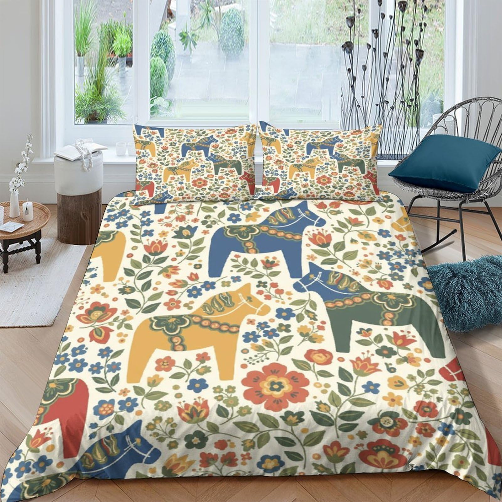 Ctjqhvkz Style-3 3D Printed Scandinavian Horse Fitted Sheet Microfiber Floral Mattress Cover For Bedroom Decor, Anti-Slip, Machine Washable, All Ages Single（135X200cm）