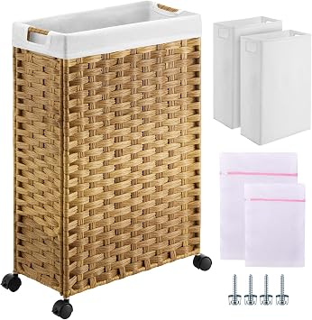 Greenstell Laundry Hamper with Wheels, 11.9 Gallon (45L) Small Clothes Hamper with 2 Removable Liner Bags & 2 Mesh Bags, Slim Rattan Laundry Basket for Bathroom, Bedroom, Natural