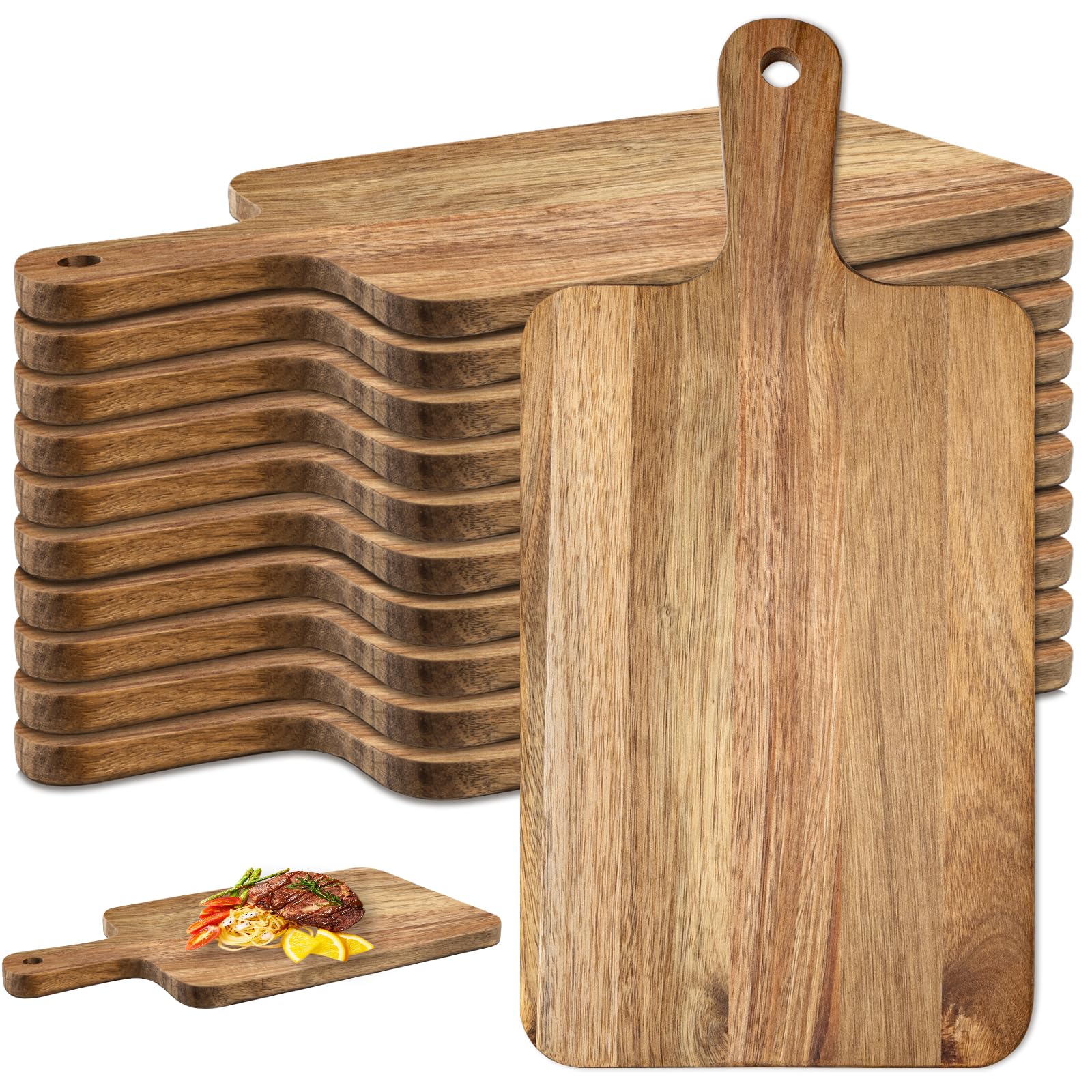 10er Set Schneidebretter Holz mit Griff - 40x20cm Akazienholz Schneidebrett groß - Multifunktionales Servierbrett Holz für Küche, Käse, Brot, Tapas & Charcuterie - Küchenbrett Holz als Geschenk