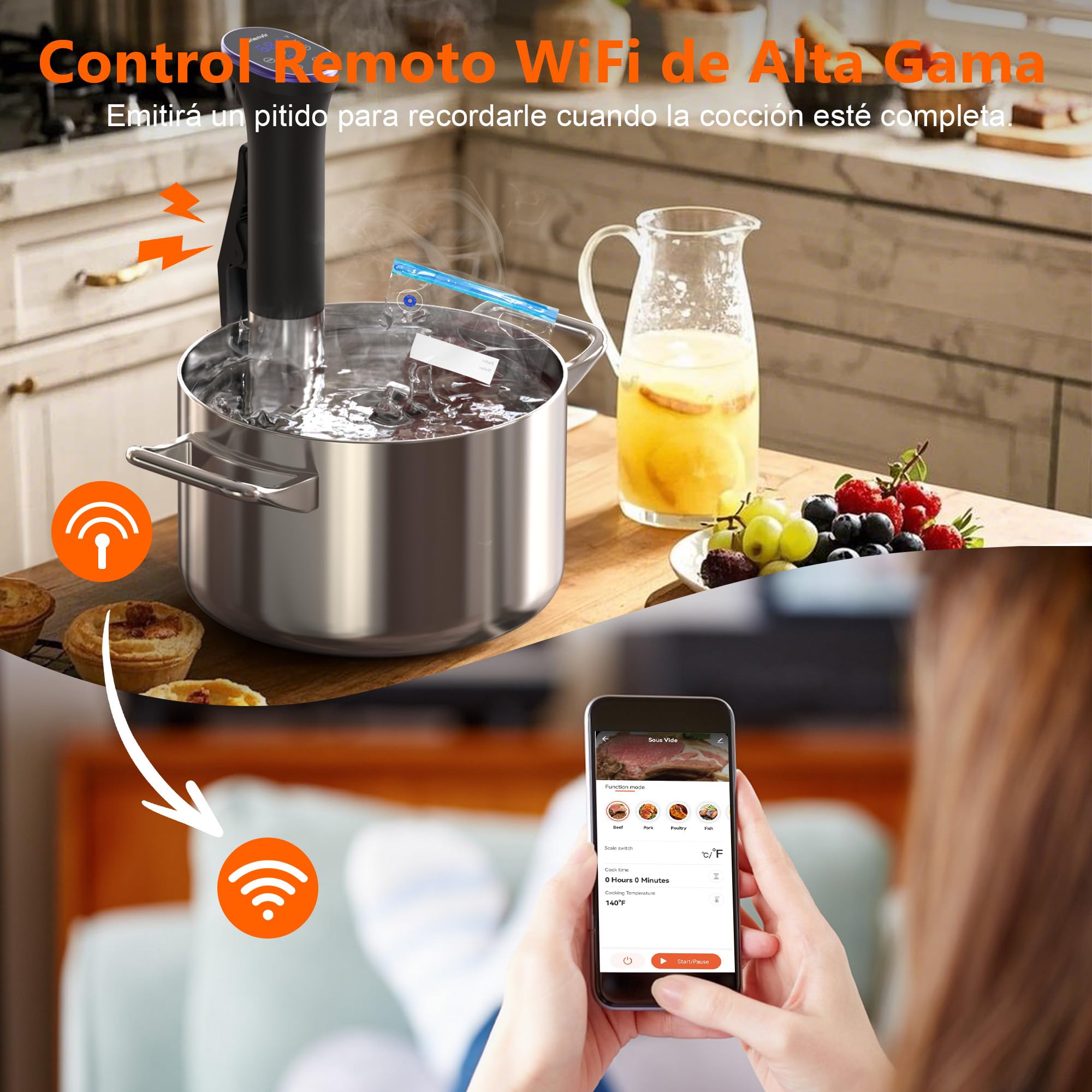 Sous Vide Roner WI-FI 1100W, Circuladores Control de Temperatura de Precisión, Pantalla LED, Función de Temporizador, Inmersión a Prueba de Agua IPX7
