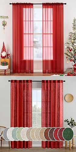 MIULEE 2 paneles de cortinas de Navidad transparentes rojas elegantes para ventana, cortinas de gasa para dormitorio, sala de estar (54 x 84