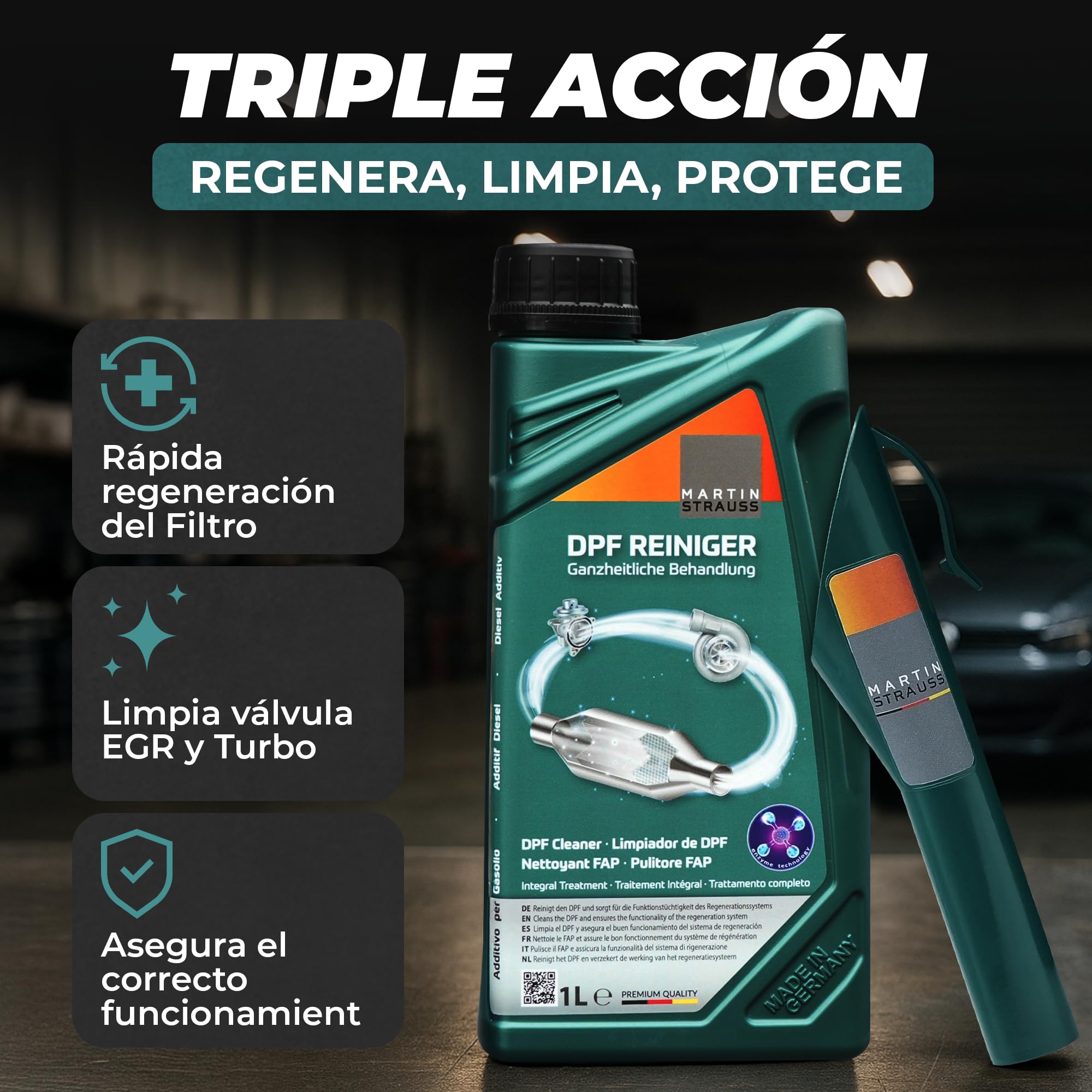 Limpiador DPF/FAP, Tratamiento Integral curativo del Filtro de partículas Diesel y su Sistema, EGR + Turbo, 3 Dosis, 1 Litro