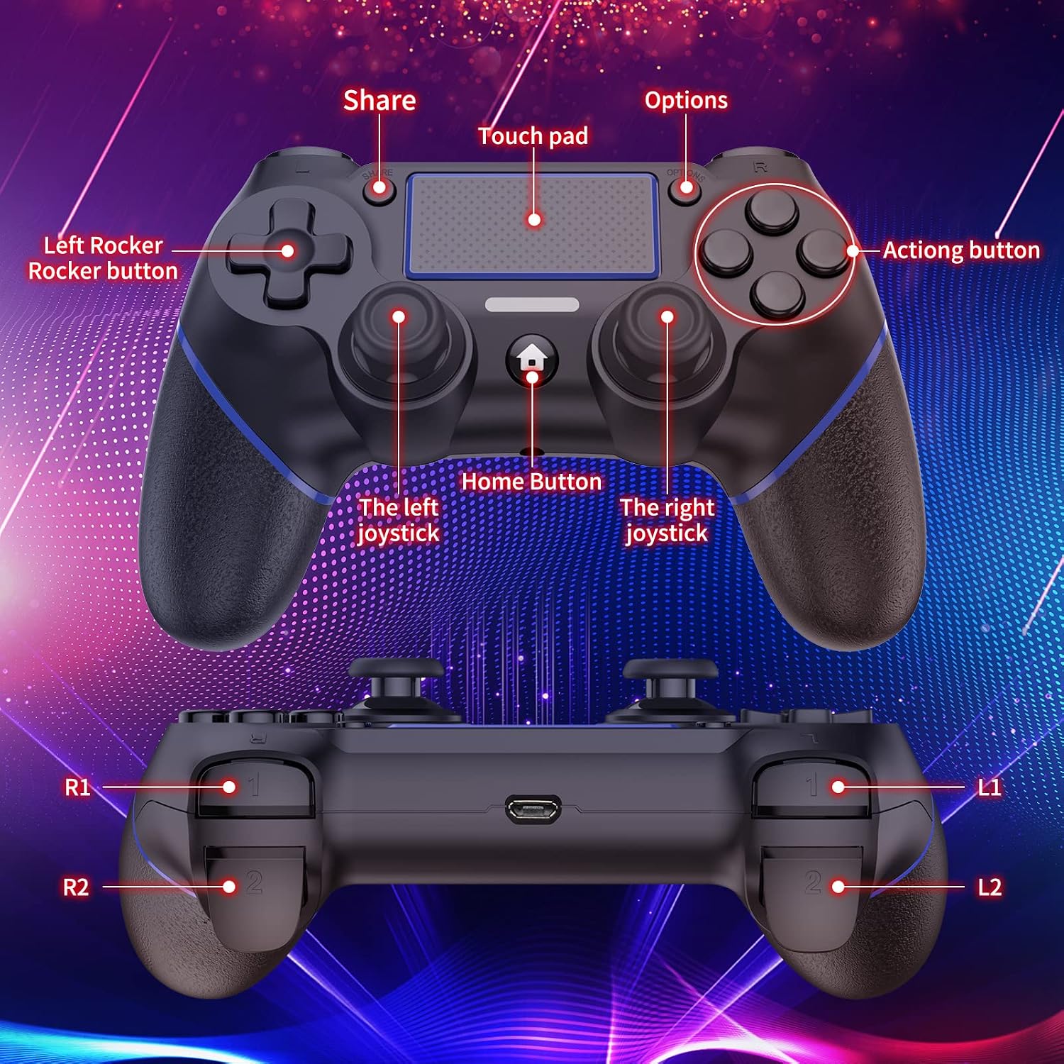 Replacement for PS4 Controller, Wireless Controller for PS4/Pro/PS3/Slim/PC, Dedicated Game Joystick Controller Dual Vibration Audio Function