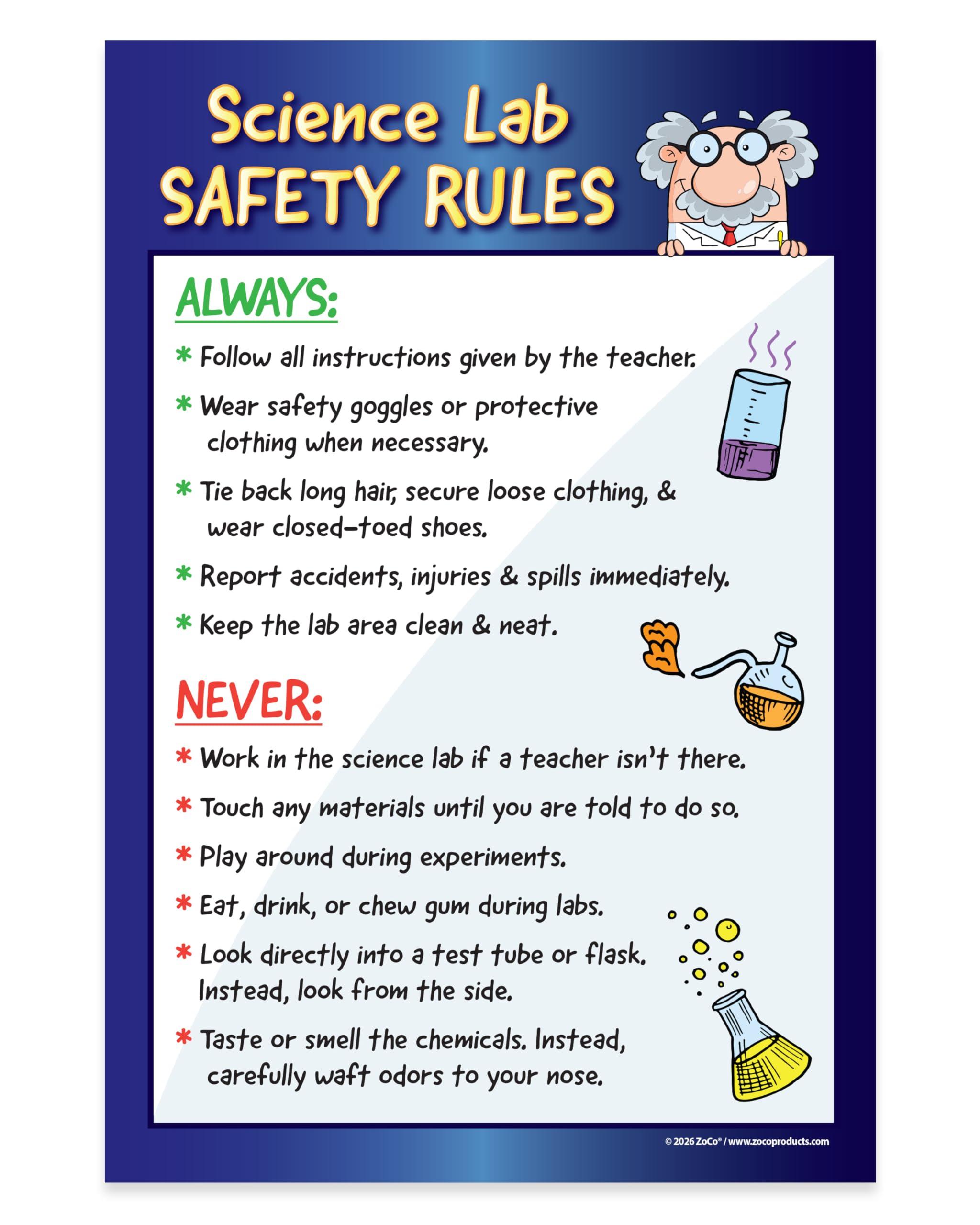 ZOCO – Science Lab Safety Rules Poster – Laminated 12x18 Classroom Chart for Middle & High School – Chemistry, Biology, Physics Laboratory Decor for Teachers & Students