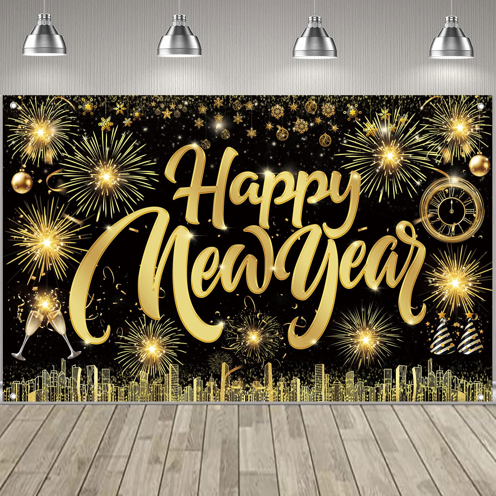 Famoby Happy New Year Fabric Sign Poster Banner Backdrop with Pattern Firework Champagne for Photo Booth Background New Year Party Decorations Supplies