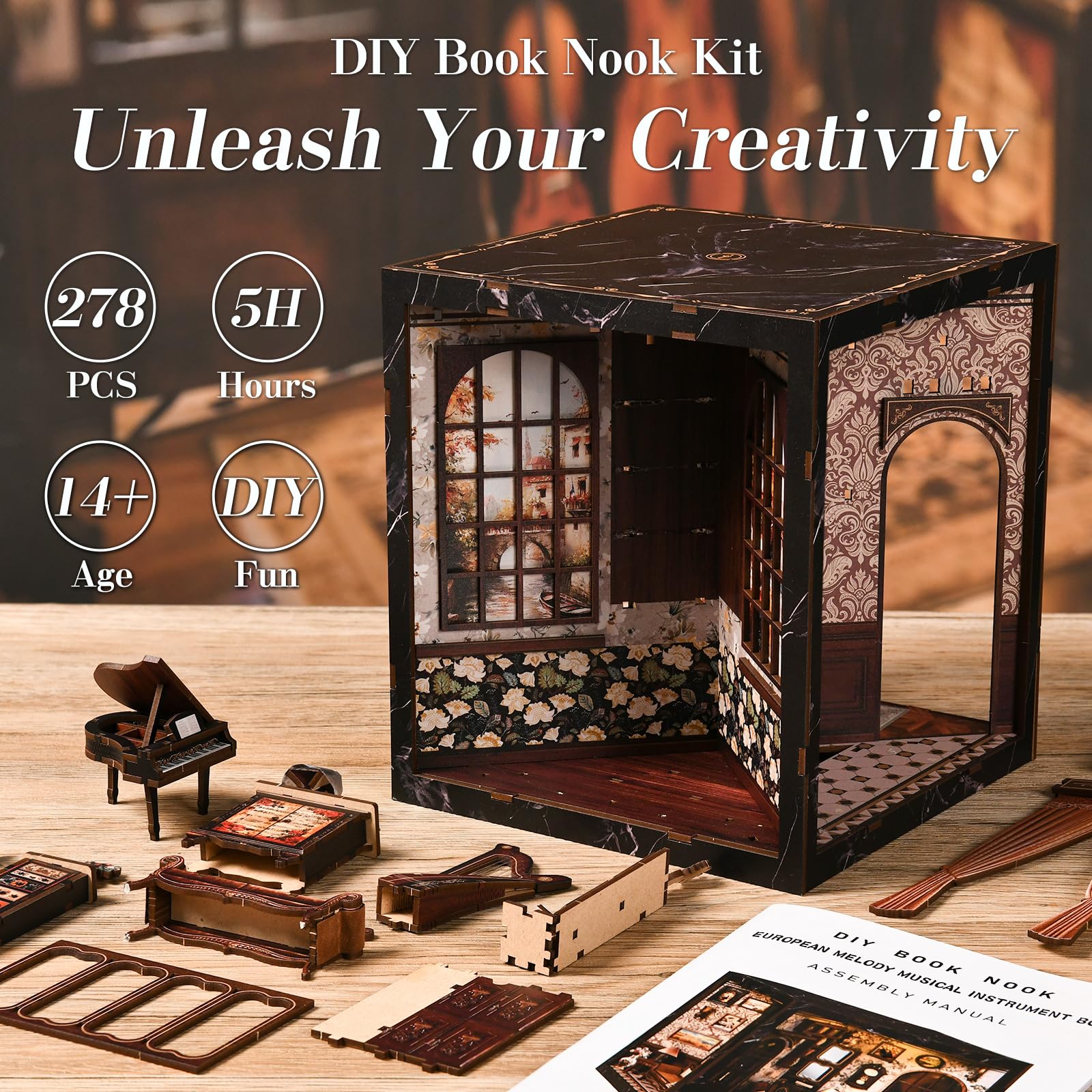 DIY book nook kit-Strumenti classici-mit LED Licht，diy set erwachsene，nook book，3D Holzbausatz für Bücherregal Deko