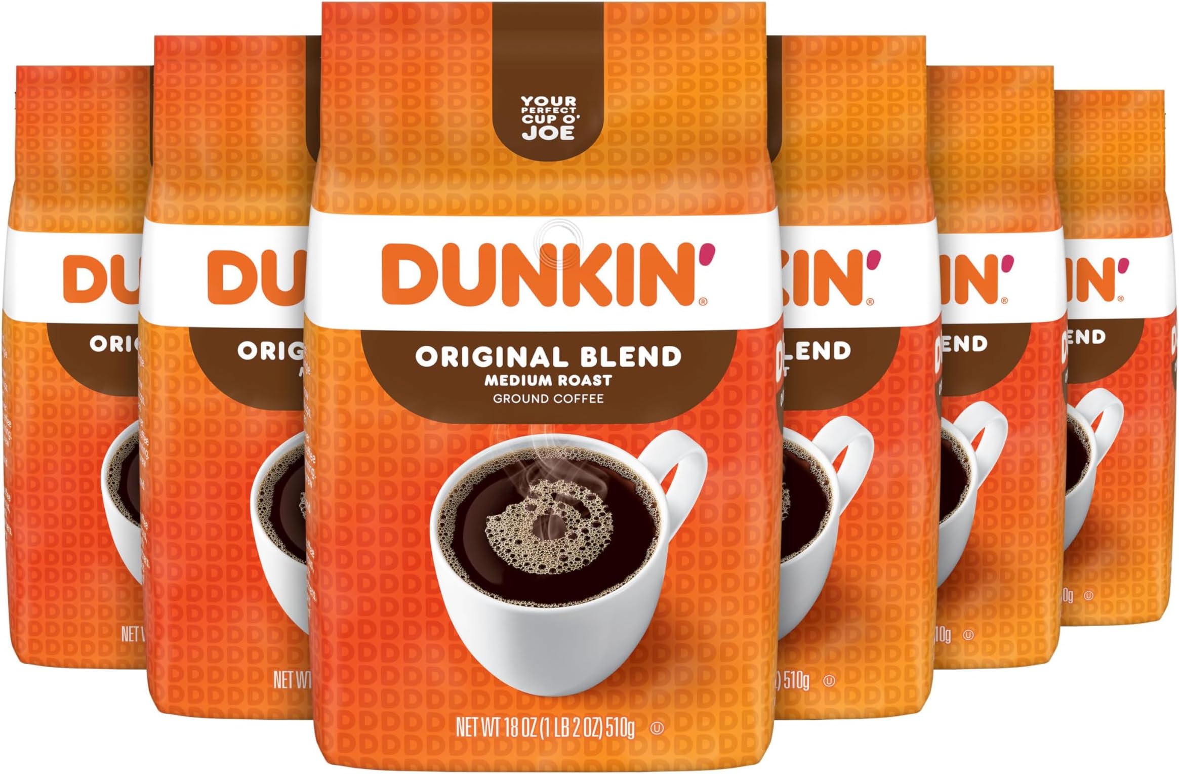 Dunkin' Original Blend Ground Coffee, Medium Roast, 18 Ounce Bag, 6 Count