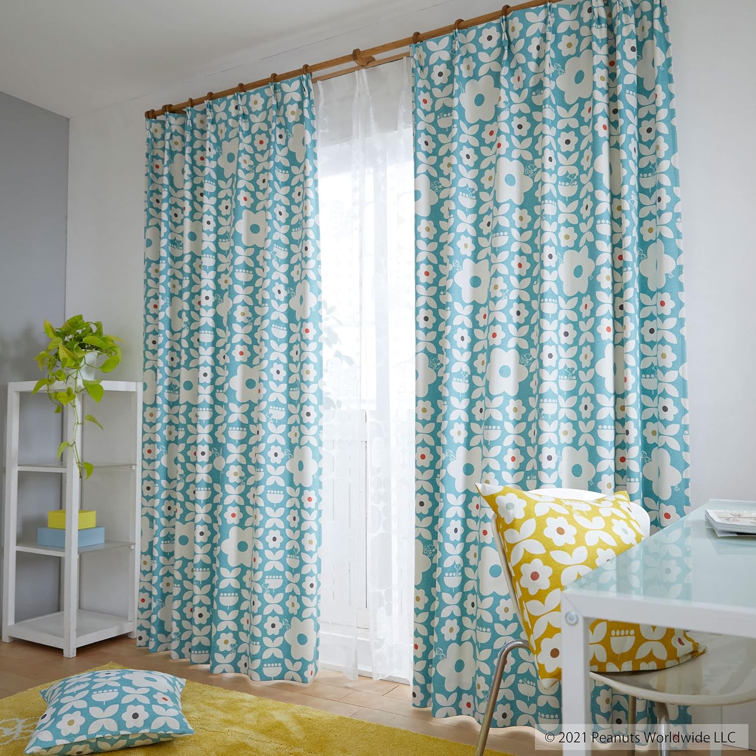 スミノエ(Suminoe) セミオーダーカーテン ブルー 幅100cm &times;丈245cm PEANUTS フラワーメイズ 遮光3級 P