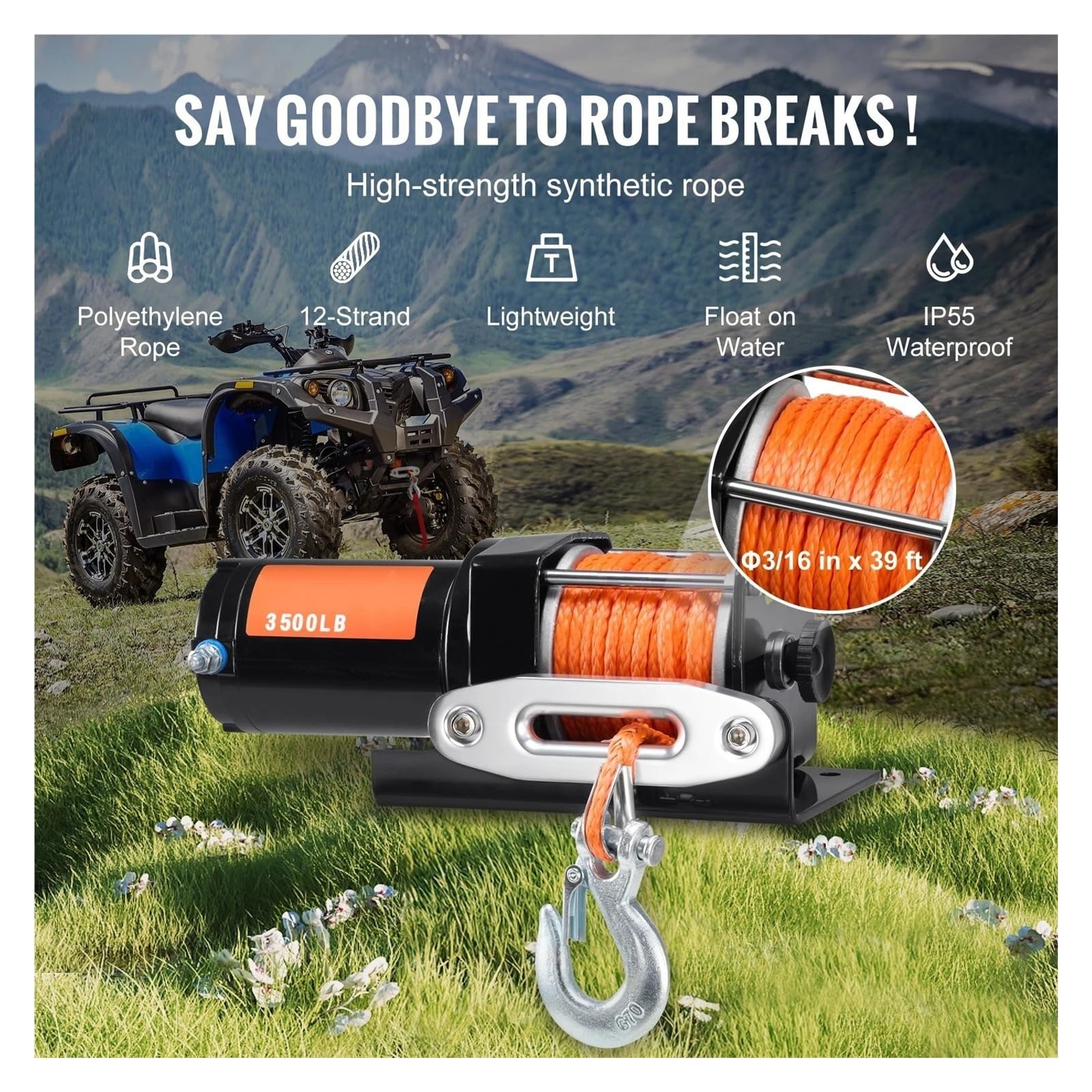 Cabrestante Eléctrico ATV/UTV De 3500 Libras Con Cable Para Coche Cuerda Sintética 39 Pies Para Remolcar Barco Y Camión Herramienta Elevadora Eléctrica