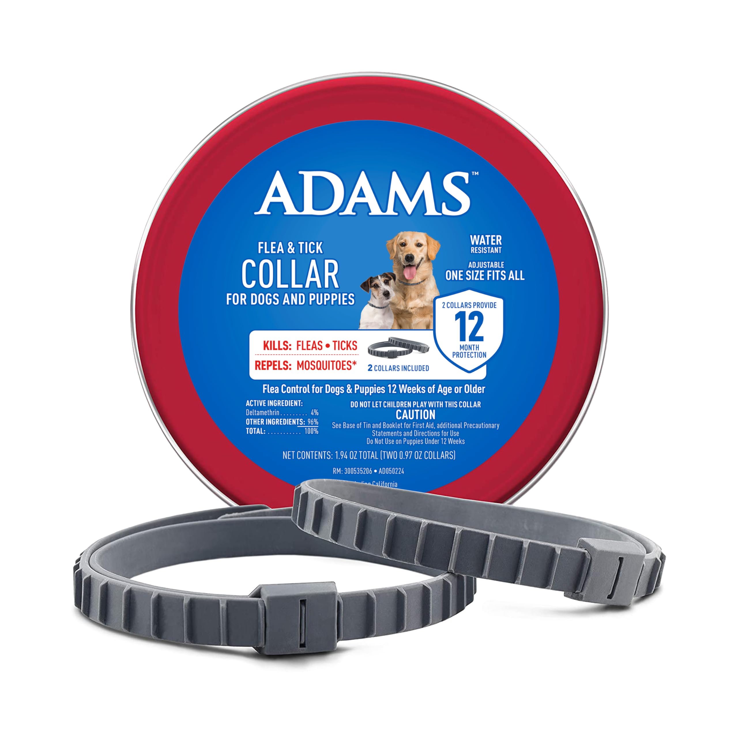 ADAMS Flea & Tick Collar for Dogs & Puppies, 2 Pack, 12 Month Protection, Adjustable One Size, Kills Fleas, Ticks & Repels Mosquitoes, Excluding California