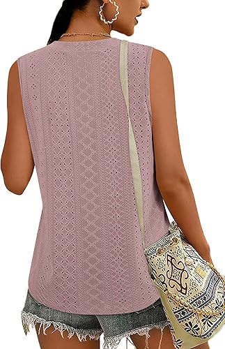 Vista 2 de Zwurew Camiseta sin mangas para mujer, ajuste holgado, sin mangas, cuello en V, camisola, elegante, casual, con ojales, para verano, blusa fluida