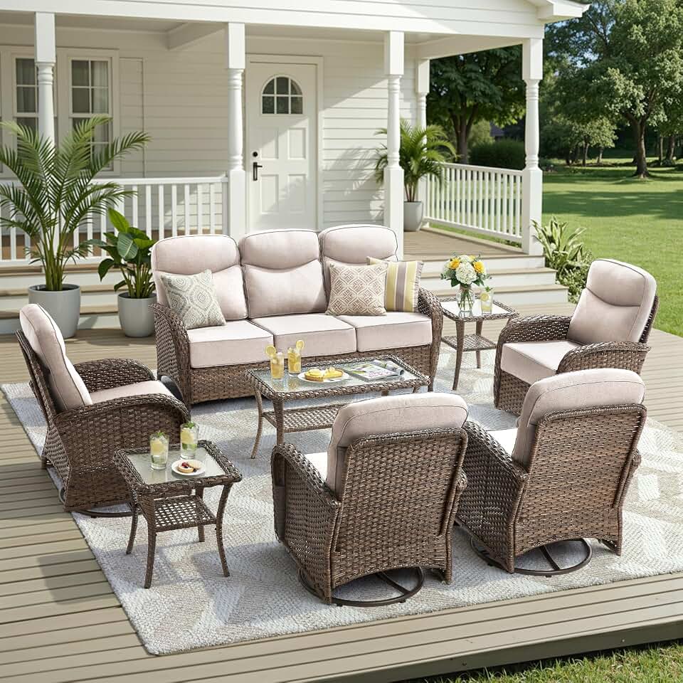 8 Pieces Luxury Outdoor Patio Furniture Set with 6-Inch Thick Cushions, Wicker Outdoor Furniture with High Back Swivel Patio Chairs Set of 4, Patio Conversation Set for Deck Garden Porch, Beige