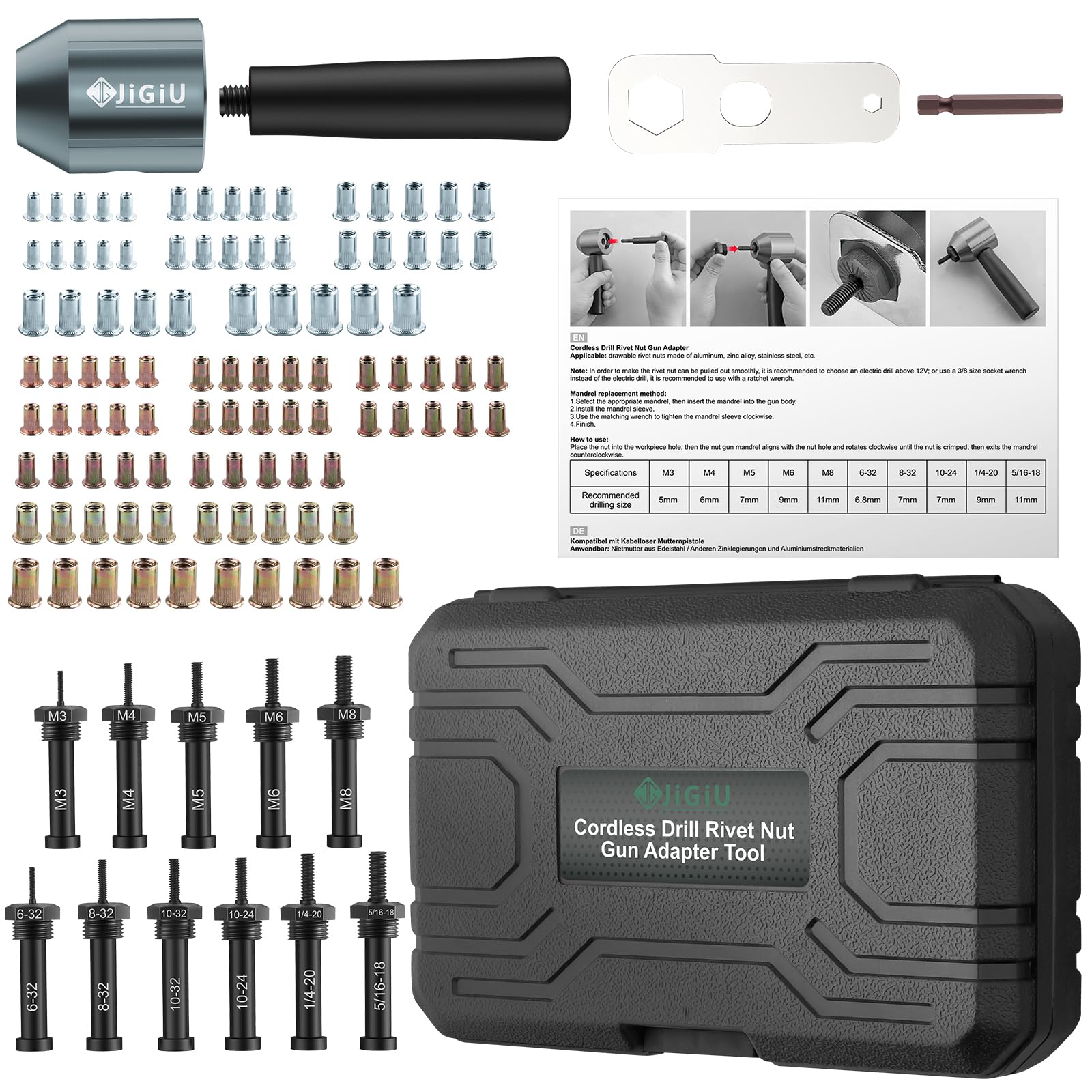 JiGiU Kit de adaptador de taladro de tuerca remache inalámbrico, adaptador de pistola de remache eléctrica con 11 mandriles y 100 tuercas, adaptador de pistola de tuercas eléctrica fácil de instalar