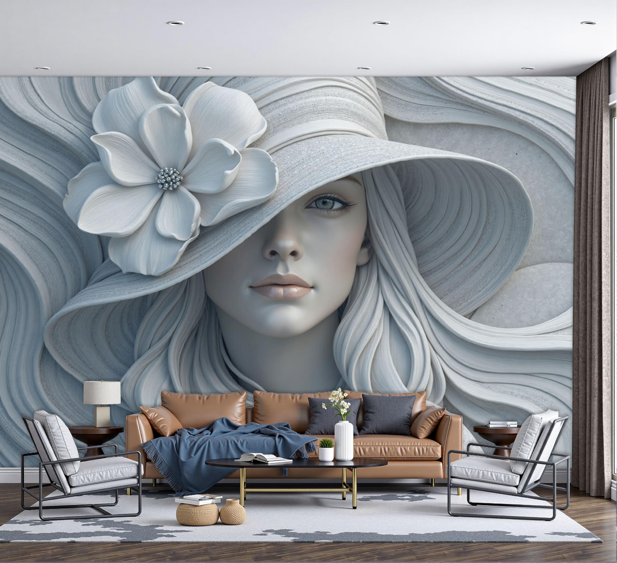 Papier peint panoramique bleu clair pour agrandir un salon avec un décor 3D