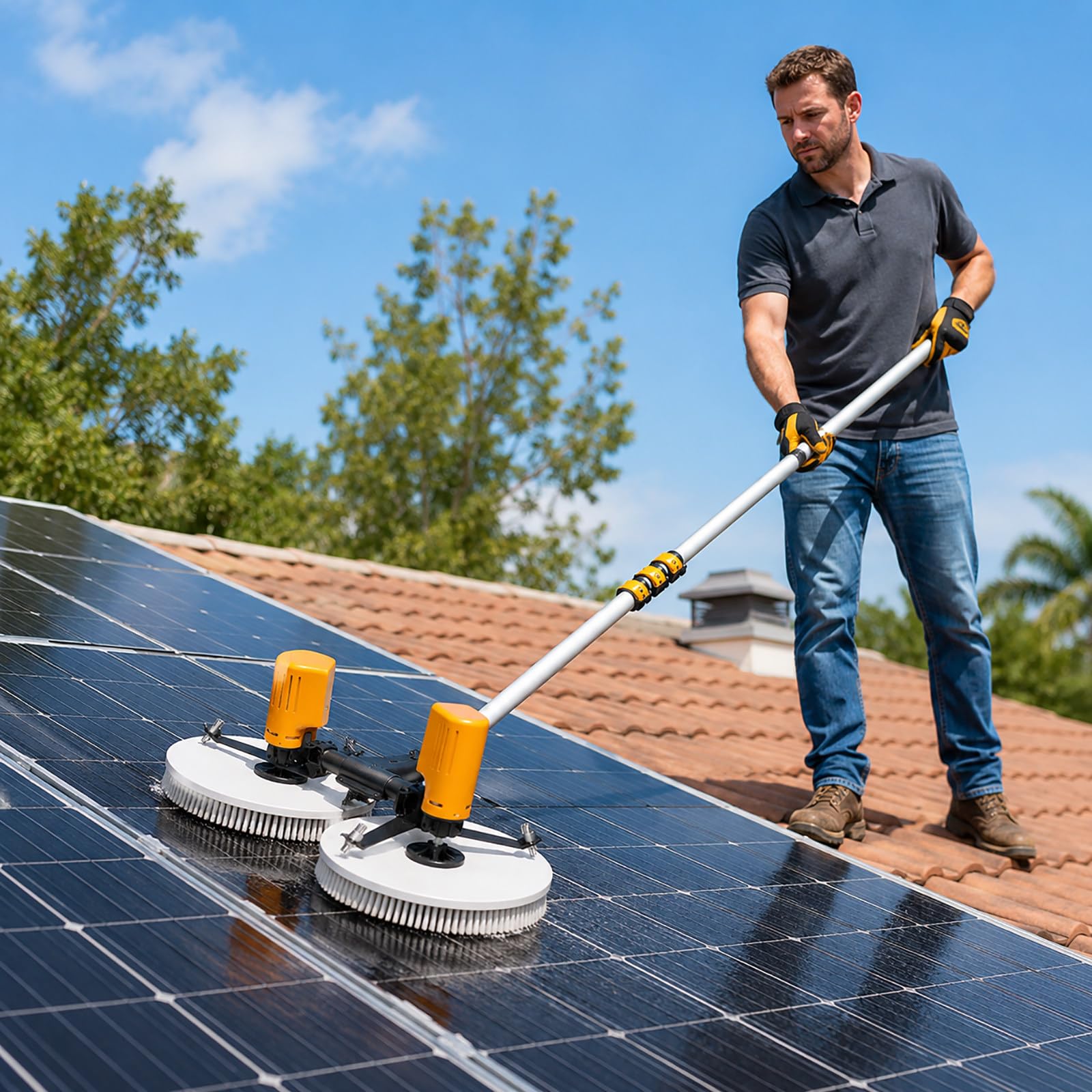 vnmudzeo Electric Solar Panel Cleaner Brush, Dual Head Wide Coverage – Water Fed Cleaning Tool for Solar Panels, PV Modules and Rooftops 5.5m(18ft)
