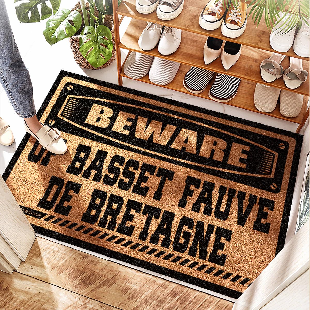 Tapis d'extérieur vert citron anti-accumulation d'eau et paille de bienvenue Basset Fauve