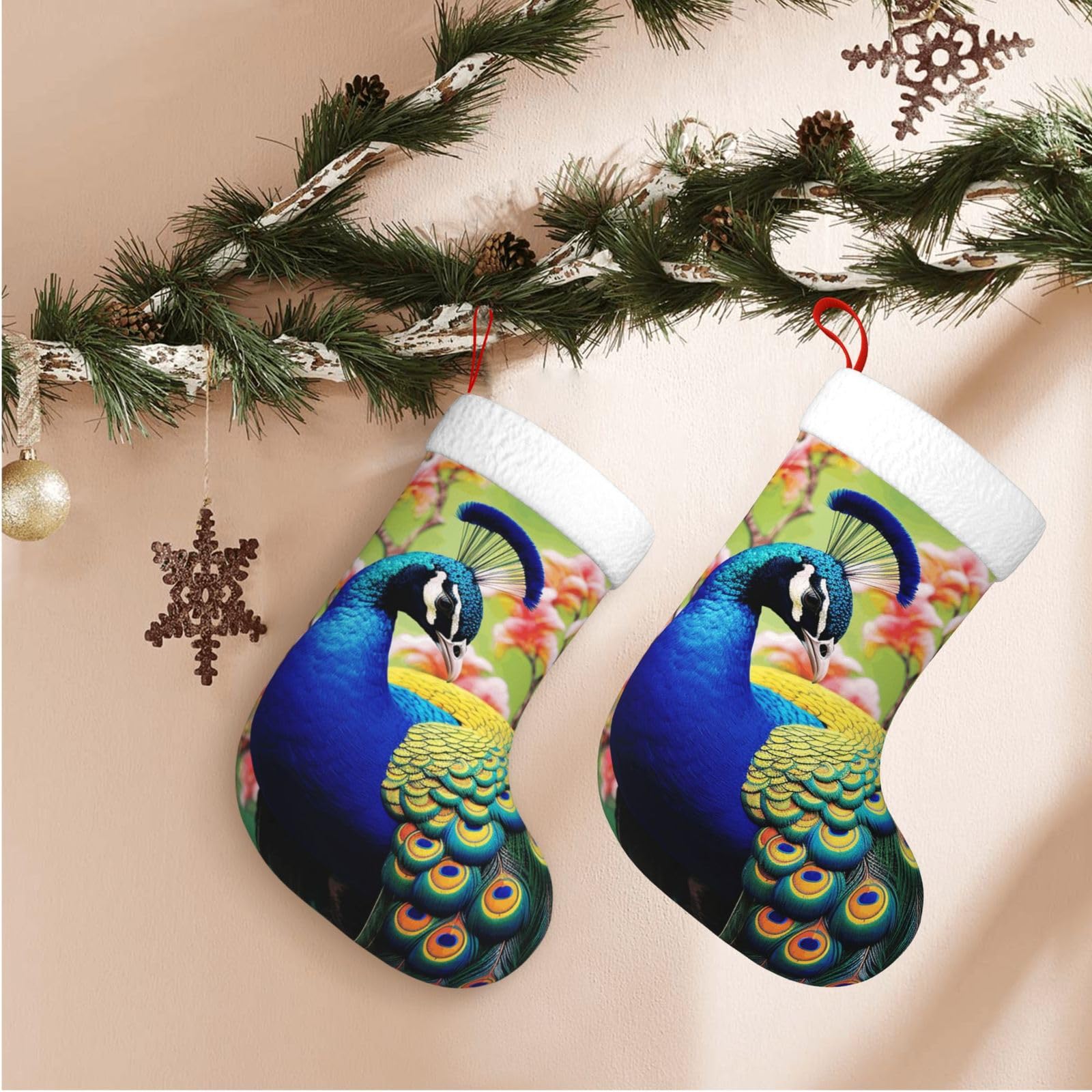 Peacock Christmas Stockings Velvet Xmas Fireplace Hanging Stocking with Plush Cuff Rustic Christmas Santa Stockings for Home Christmas Decorations Party Favor Supplies
