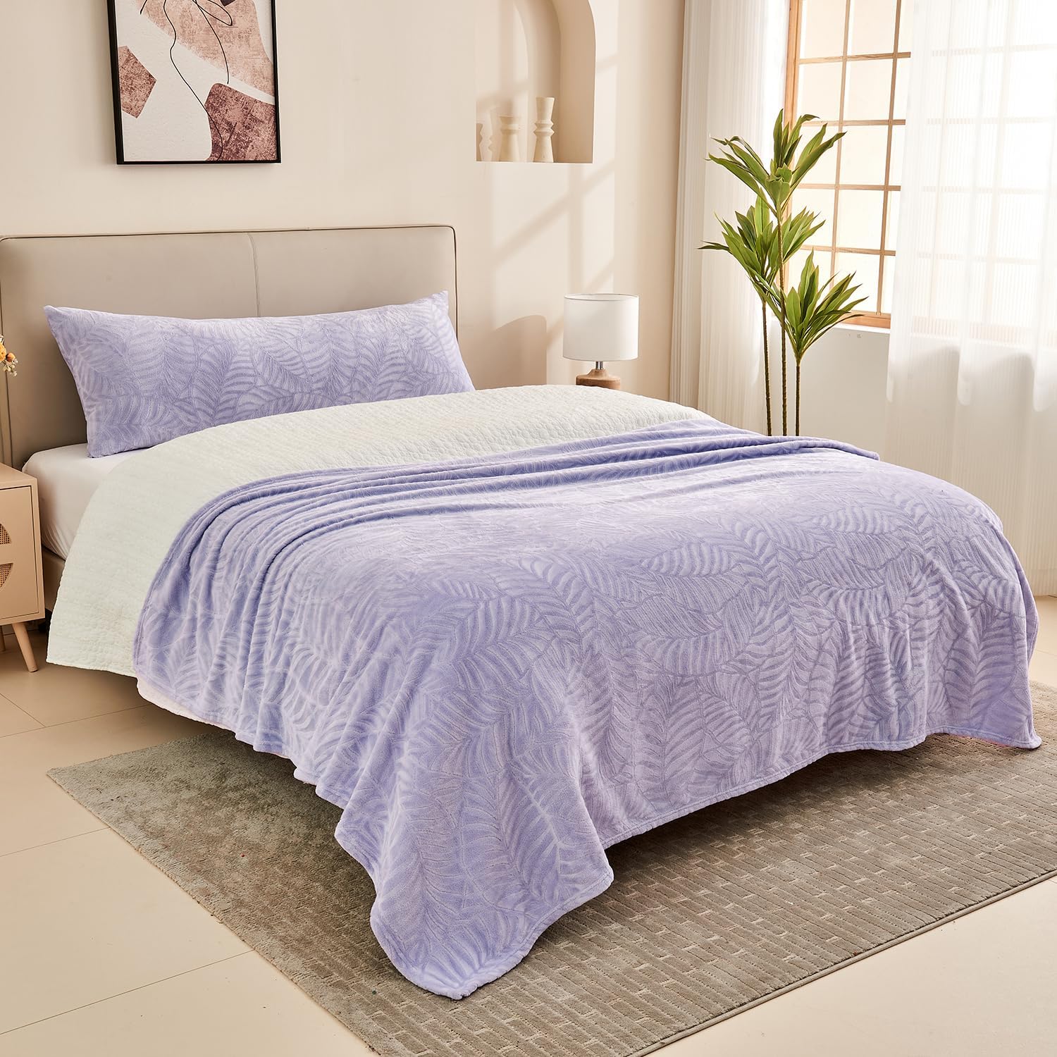 SOCHOW Super Soft Flannel Fleece Throw Blanket, Lightweight Cozy Warm Leaves Textured Plush Blanket for Bed Couch Sofa, 60 x 80 Inches, Lilac - Image 7