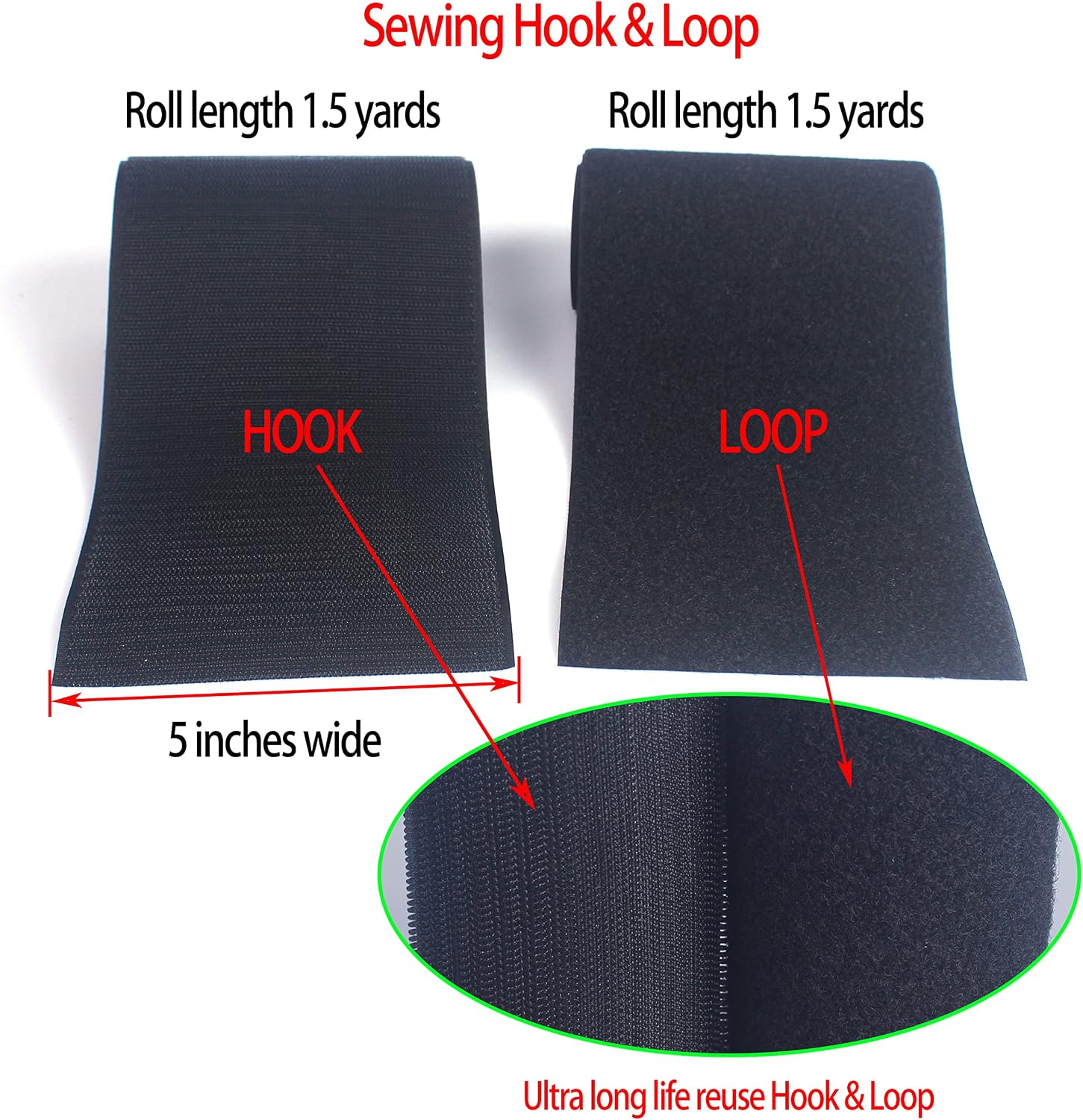 HUAYY Sew on Hook and Loop Style,Non-Adhesive Nylon Strips Fabric,Black,5 Inches Width 1.5 Yards Length (5in x 1.5yd)