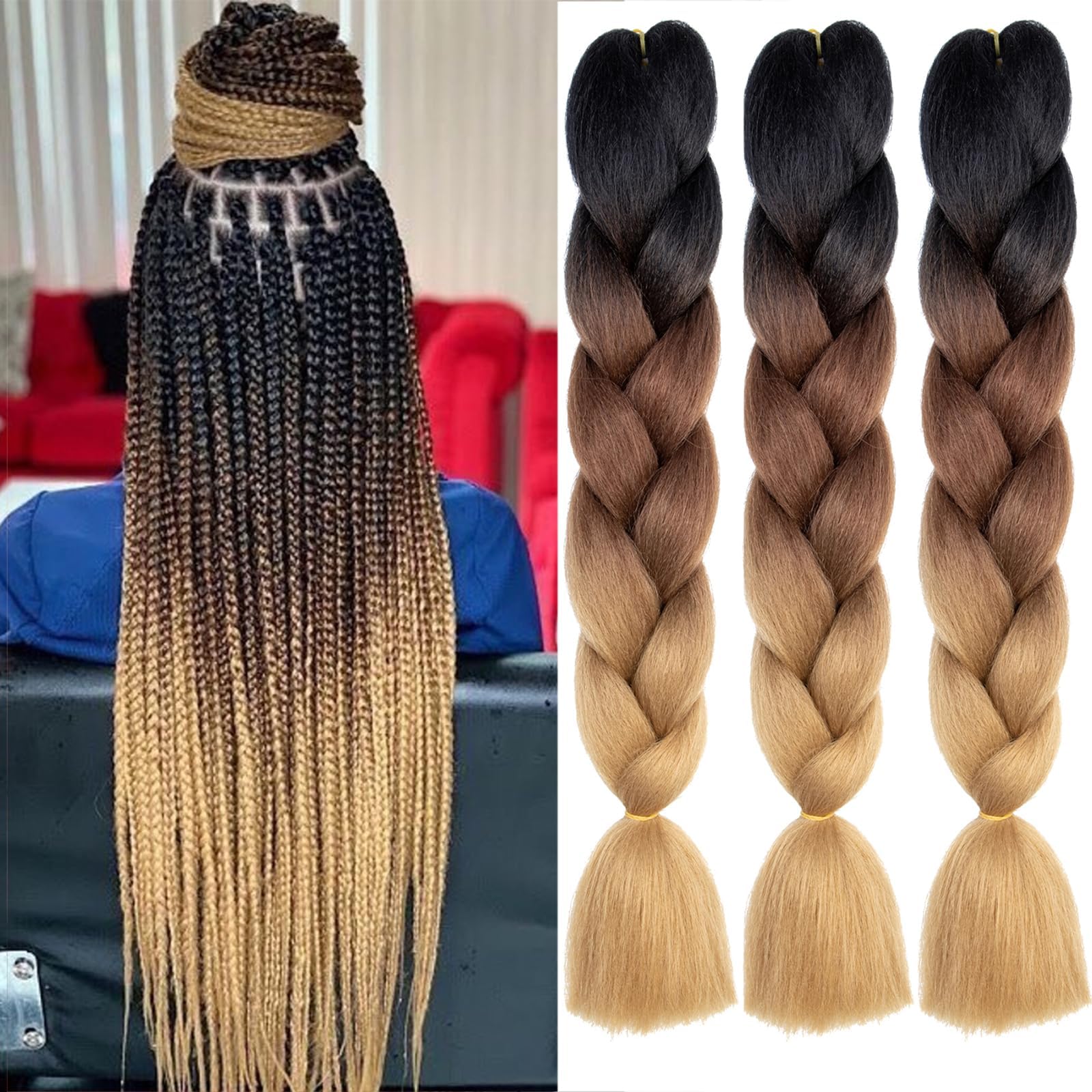 Xtrend 3Packs 3 Tone Jumbo Braiding Hair 24 Inch Synthetic Afro Braiding Hair Extensions for Box Braids and Twist Crochet Braid Hair (3Packs, Black/Dark Brown/Light Brown#)