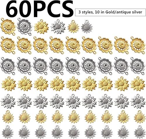 Miniatura 2 de BronaGrand 60 dijes de girasol de aleación vintage con cuentas de girasol, dijes de conector de flores, suministros de manualidades para