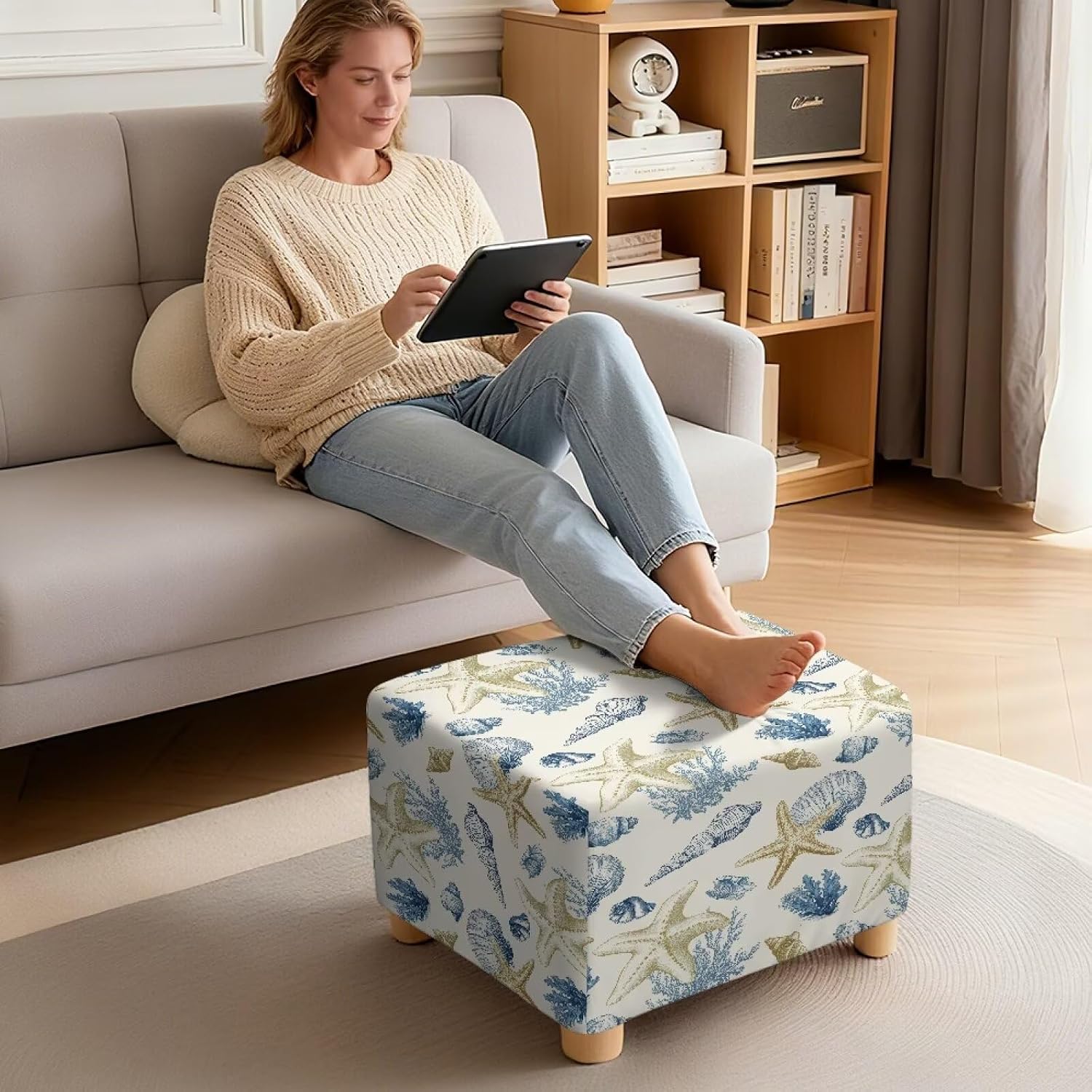 Stretch Ottoman Cover Slipcovers Square for Living Room Starfish Seashell Storage Foot Stool Covers to Fit Ottoman Foot Rest with Elastic Bottom