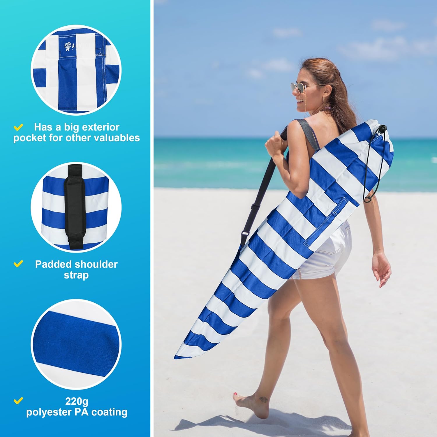 AMMSUN Commercial Grade Heavy Duty Beach Umbrella Carry Bag for storage of Beach & Patio Umbrellas,Universal Foldable Umbrella Bag, Fits Most Outdoor Umbrellas, Blue Stripe