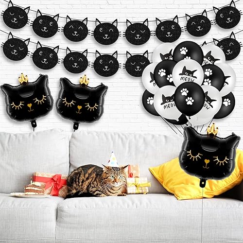 Miniatura 4 de Decoraciones de fiesta de gato, 36 piezas de pancarta de cumpleaños de gato con purpurina, pancarta de maullido negro con estampado negro, globos de