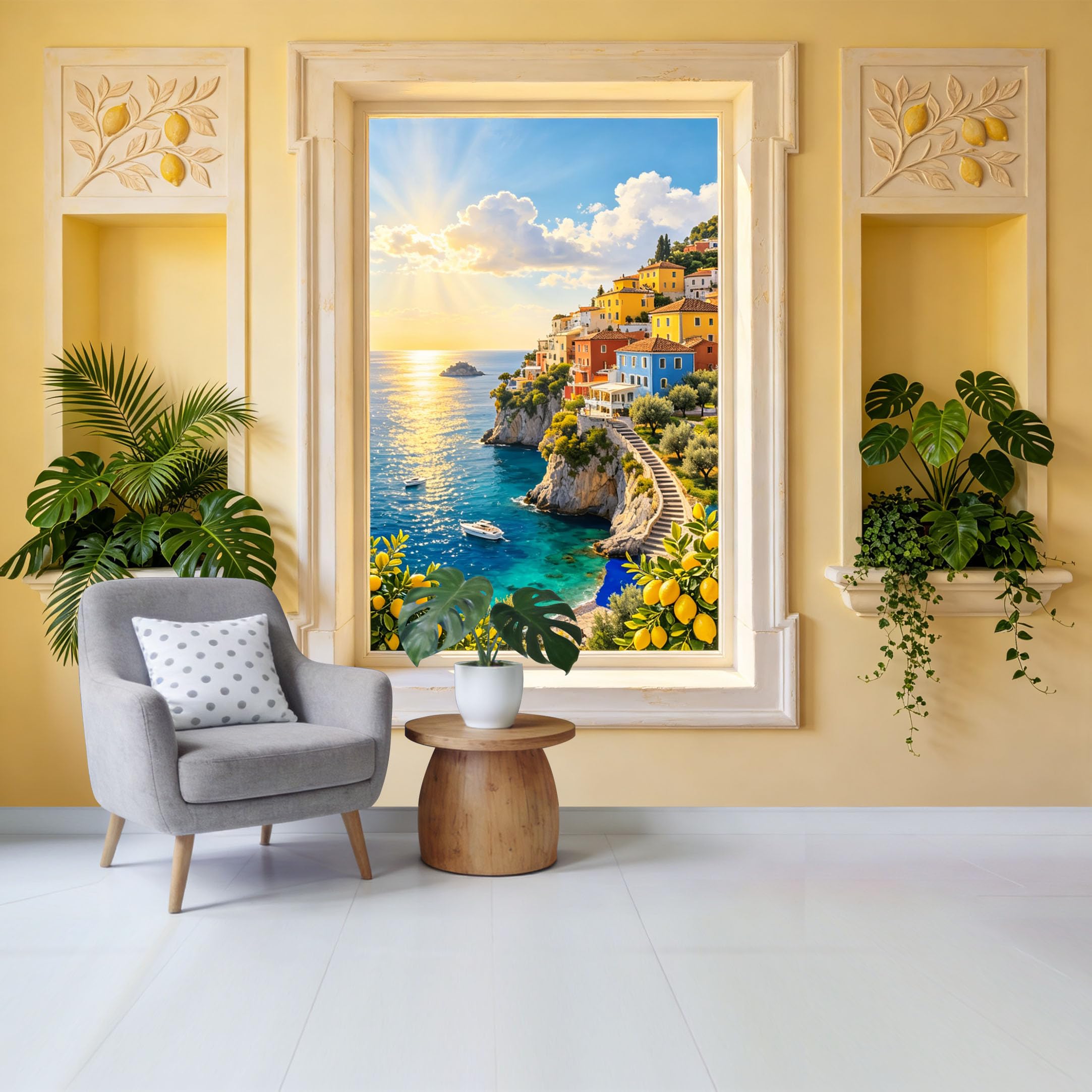 Removable Self Adhesive Fabric Mural， Coastal Mediterranean Landscape Custom Size Wall Covering， UV Protected Waterproof Washable Wall Decor for Living Room Bedroom Bathroom