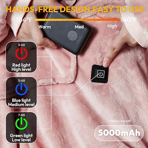 Miniatura 3 de Manta térmica con pilas, viene con cargador recargable portátil de 5000 mAh, inalámbrico USB Fannel Sherpa sudadera con capucha de gran tamaño,