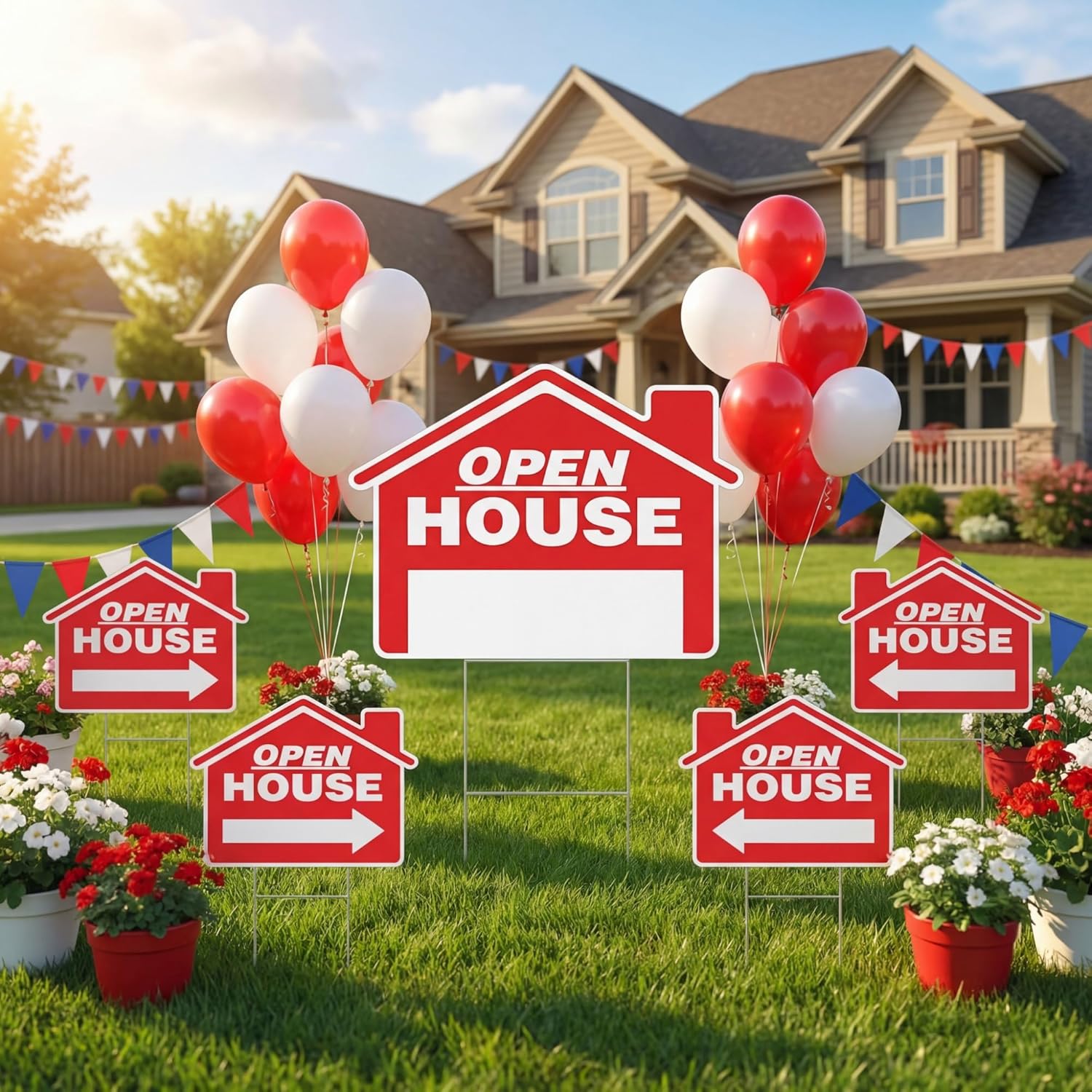 Pinkunn 7 Pack Large Open House Signs for Real Estate, 18x14 Inch Double Sided with Metal Stake, Weatherproof Heavy Duty Plastic Open House Directional Yard Board for Estate Agent Property Sale(Red)