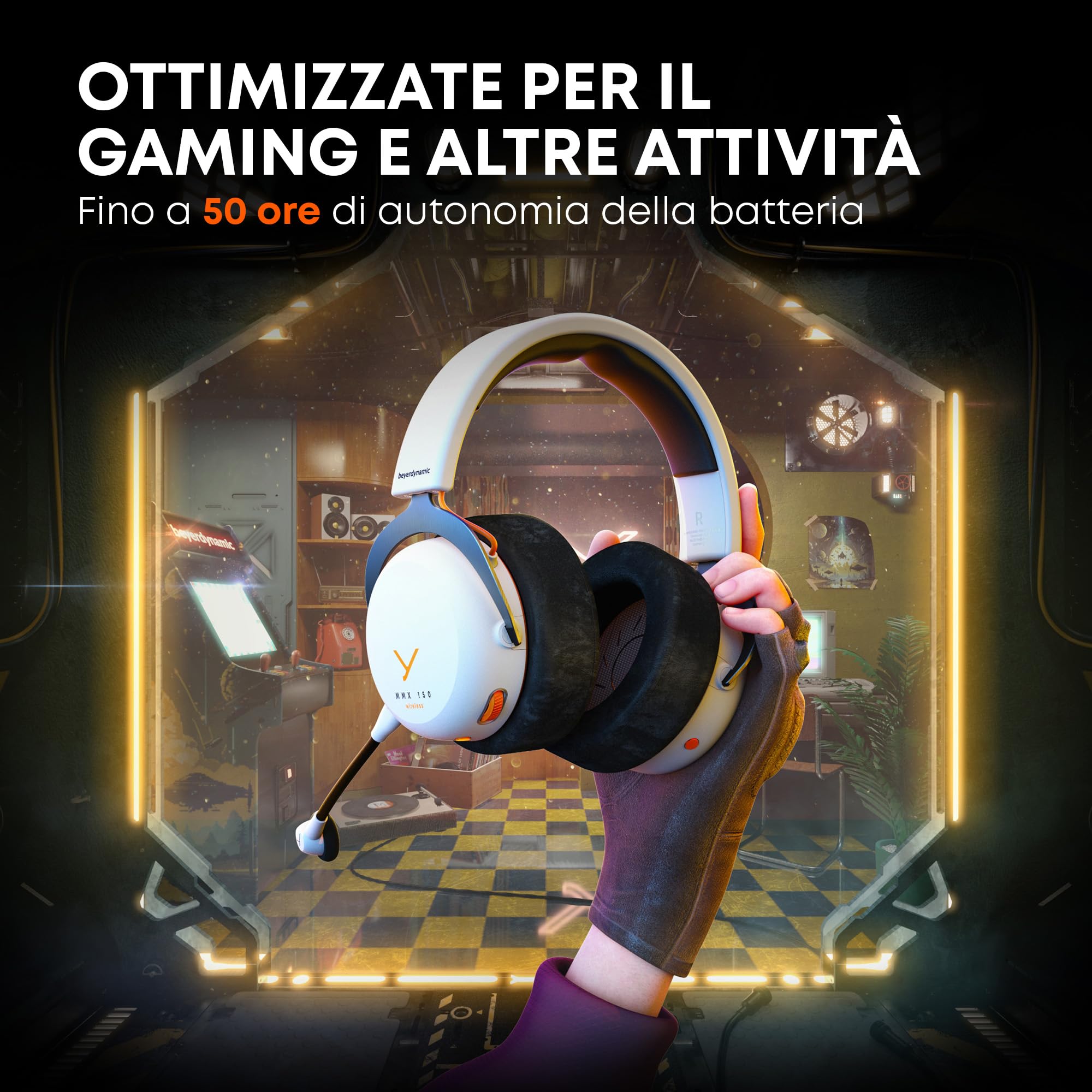 beyerdynamic MMX 150 Wireless - Cuffie da gaming wireless in bianco artico con personalizzazione del suono e cuscinetti auricolari in velluto