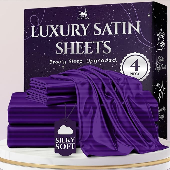 SLEEP SANCTUARY Satin Sheets Queen Size – 4 Piece Luxury Silky Bed Set, Softer Than Silk, 15" Deep Pocket, Cooling & Wrinkle-Free, Moisture-Wicking & Breathable for Hair & Skin (Striped Purple)