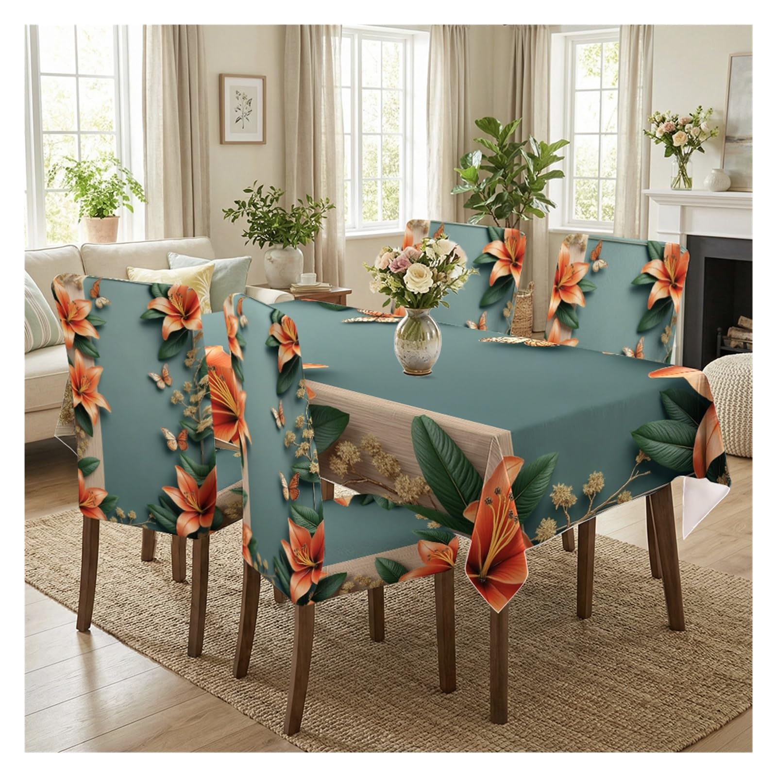BOSUYBN Stretch Dining Chair Slipcovers And Tablecloth Set, Teal Orange Lily Butterfly Print, 5/7 Pack For Dining Room Kitchen Home Decor Table Setting(5pcs Set: Tablecloth+Chair Covers)