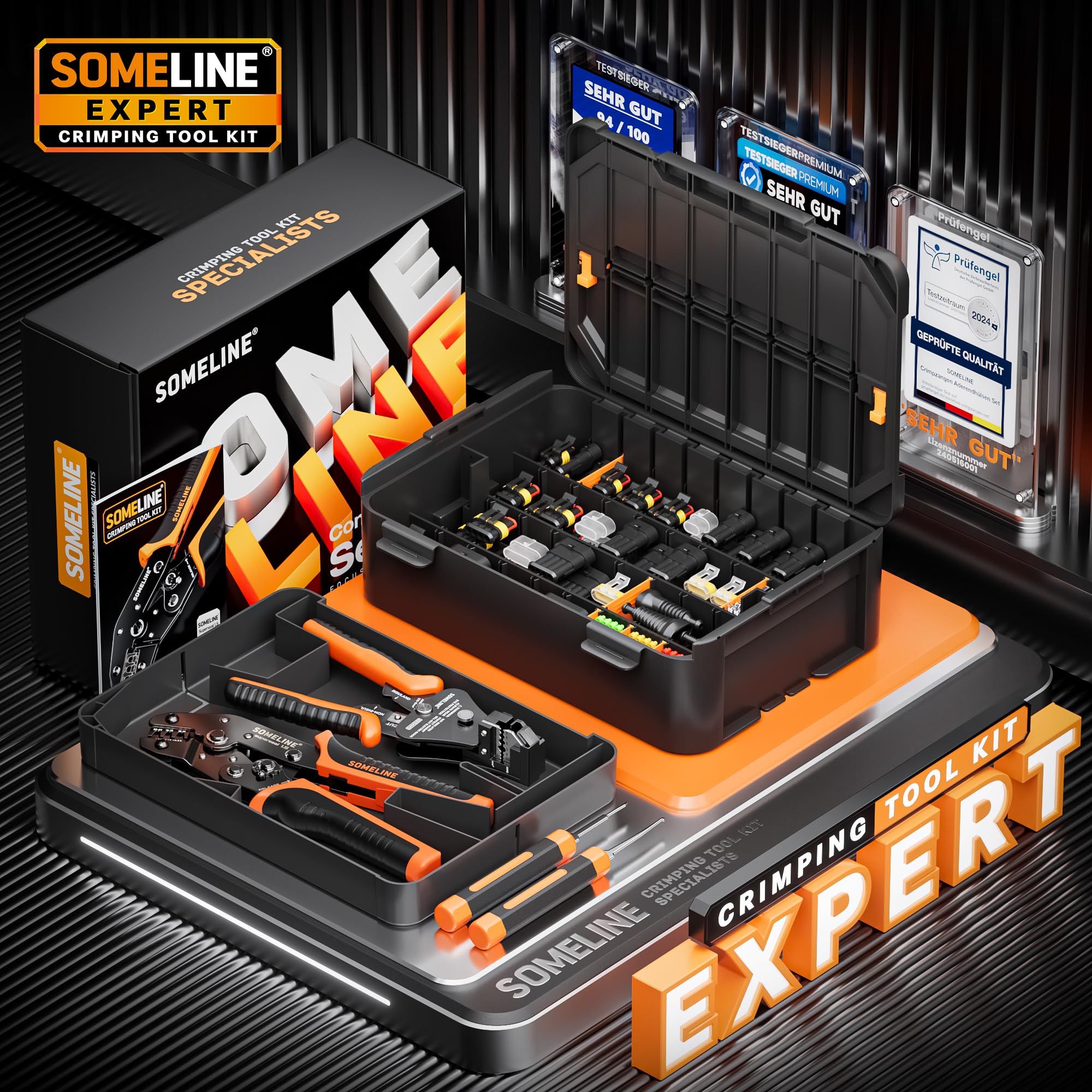SOMELINE Crimpadora y Kit Conectores Eléctricos Estancos 1-6 Pines, 0,34-2,5mm² (AWG 22-14), Compatible Superseal 1.5, con Pelacables y Herramienta de Extracción, para Coche Moto Barco Camión
