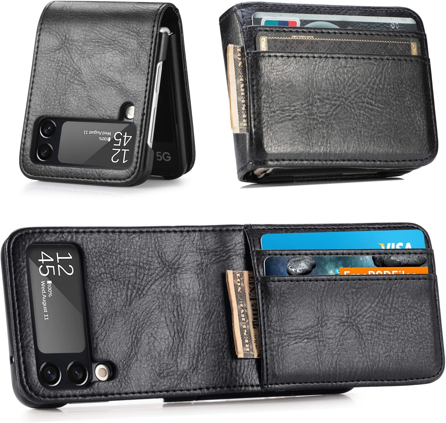 KOWUSU for Samsung Galaxy Z Flip 3 5G Case 2021, Galaxy Z Flip 3 5G Leather Case Folding Wallet Card Slot, PU Leather + Hard PC Slim Fit Protective Phone Case Cover Black