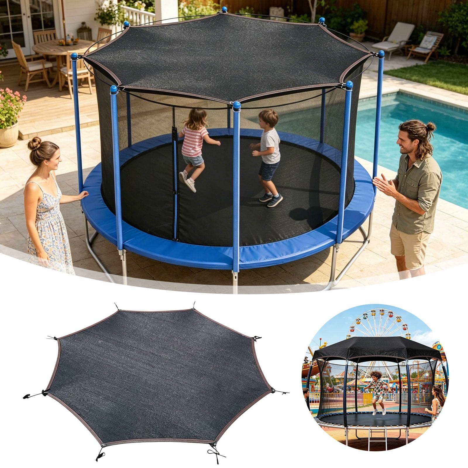 Trampolin Sonnenschutz, UPF 50+ Trampolin Dach Für 6/8 Stangen, Wasserdicht Windfest Trampolin Überdachung, Outdoor Trampolin Zubehör Für Kinder