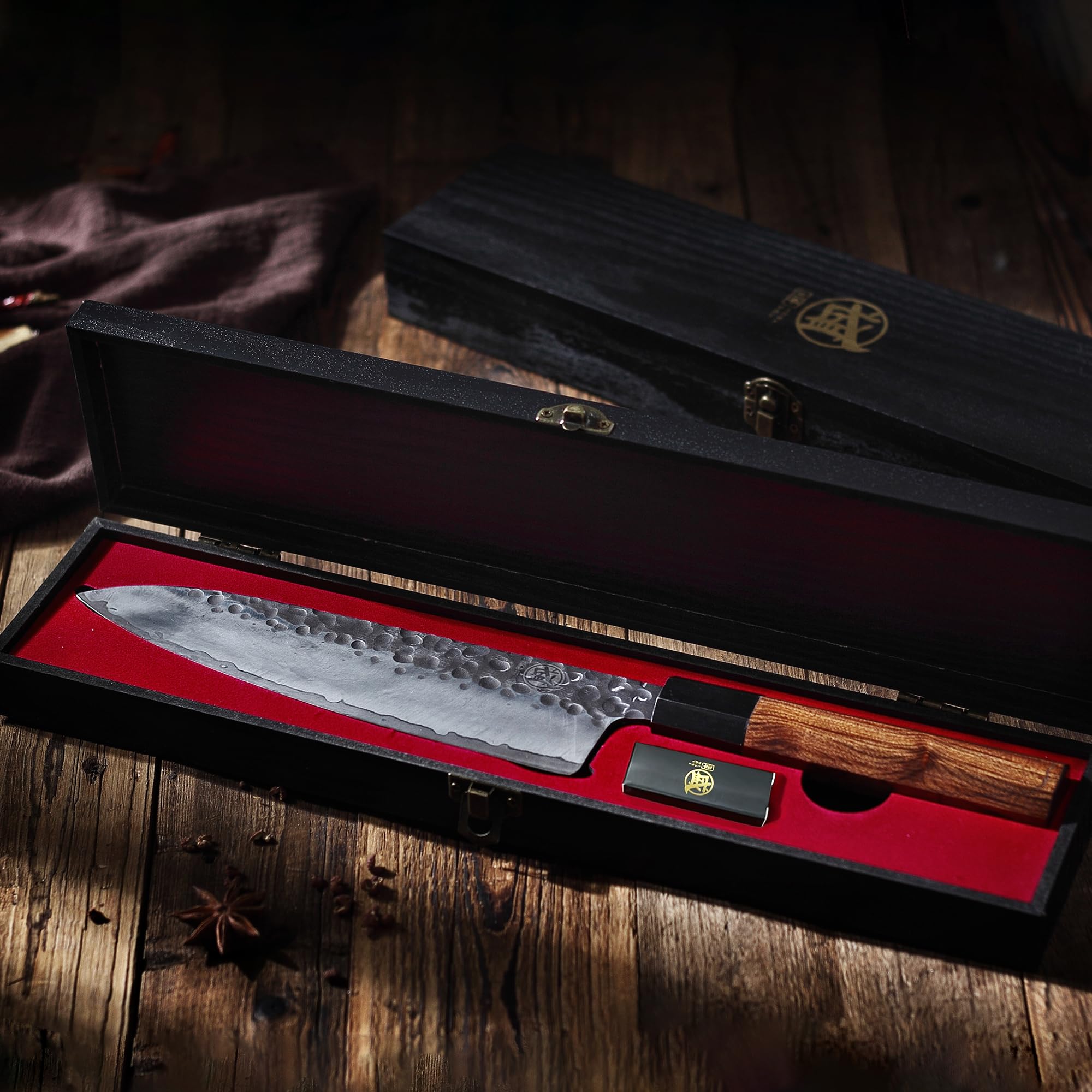 MITSUMOTO SAKARI Gyuto Chef Knife 8 inch - Hand Forged Japanese Kitchen Knives, 3-Layer 9CR18MOV High Carbon Steel, Rosewood Handle & Sandalwood Box