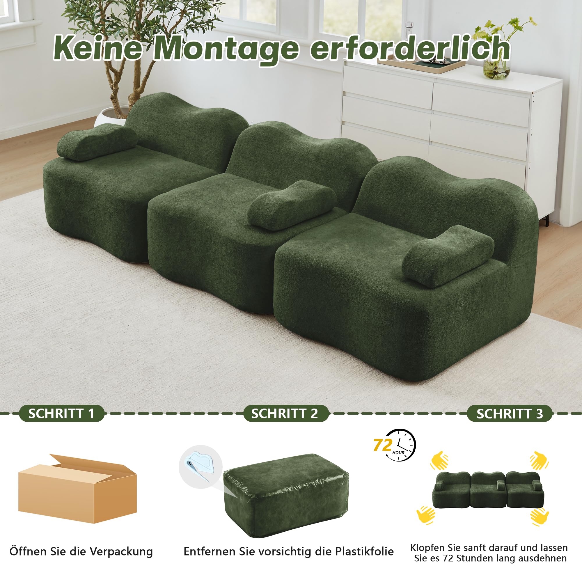 Boneless Sofa 3 Sitzer, Modulares Cloud Sofa ohne Aufbau, Wellenform, 32D Schaum, Tiefe Sitzfläche, Bewegliches Armkissen, für Wohnzimmer, Grün