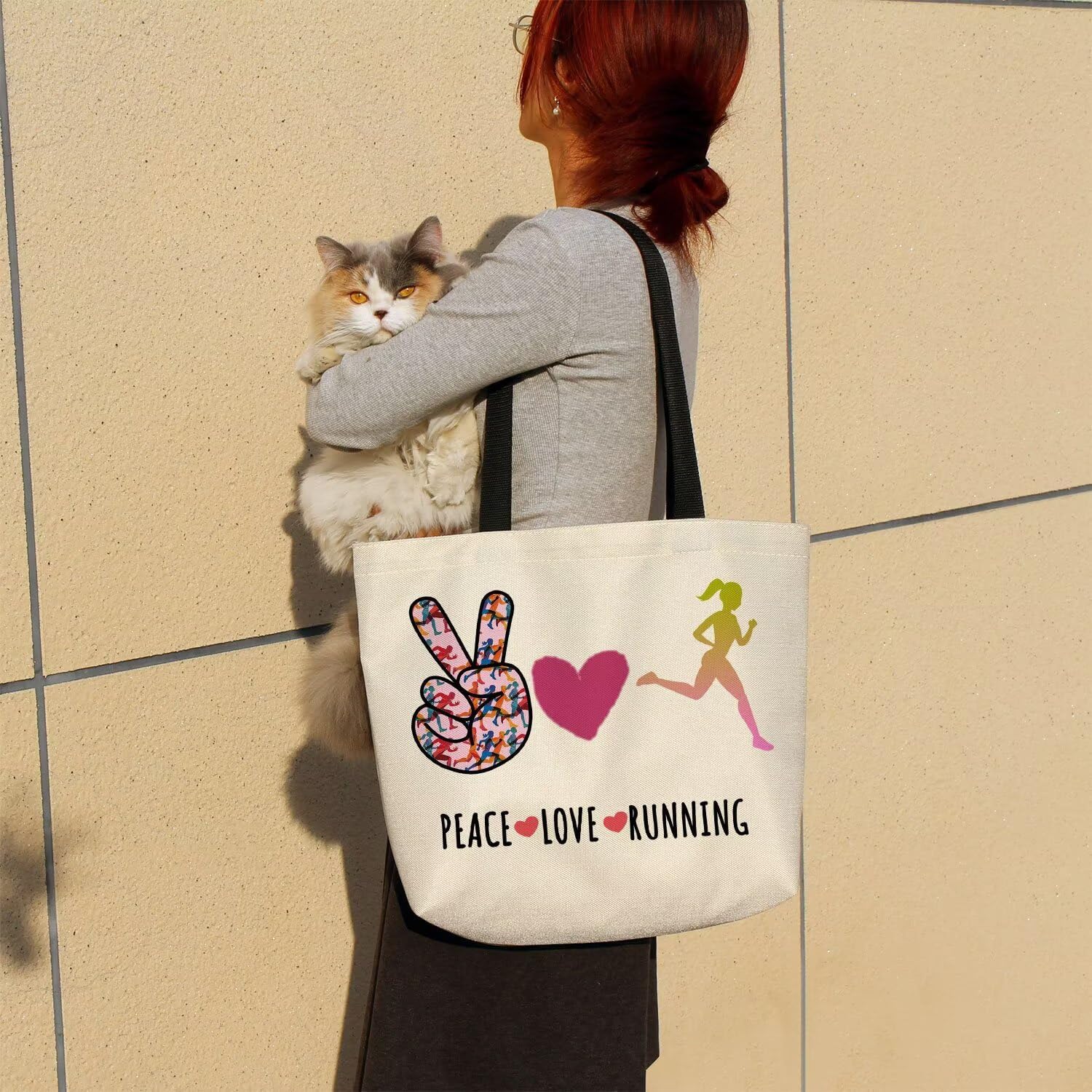 Peace Love Running Tote Bag Reusable Grocery Bags Aesthetic Shopping Shoulder Handbag with Interior Zipper Pocket Stylish Running-themed Present for Runners Marathon Lovers Women - Image 2