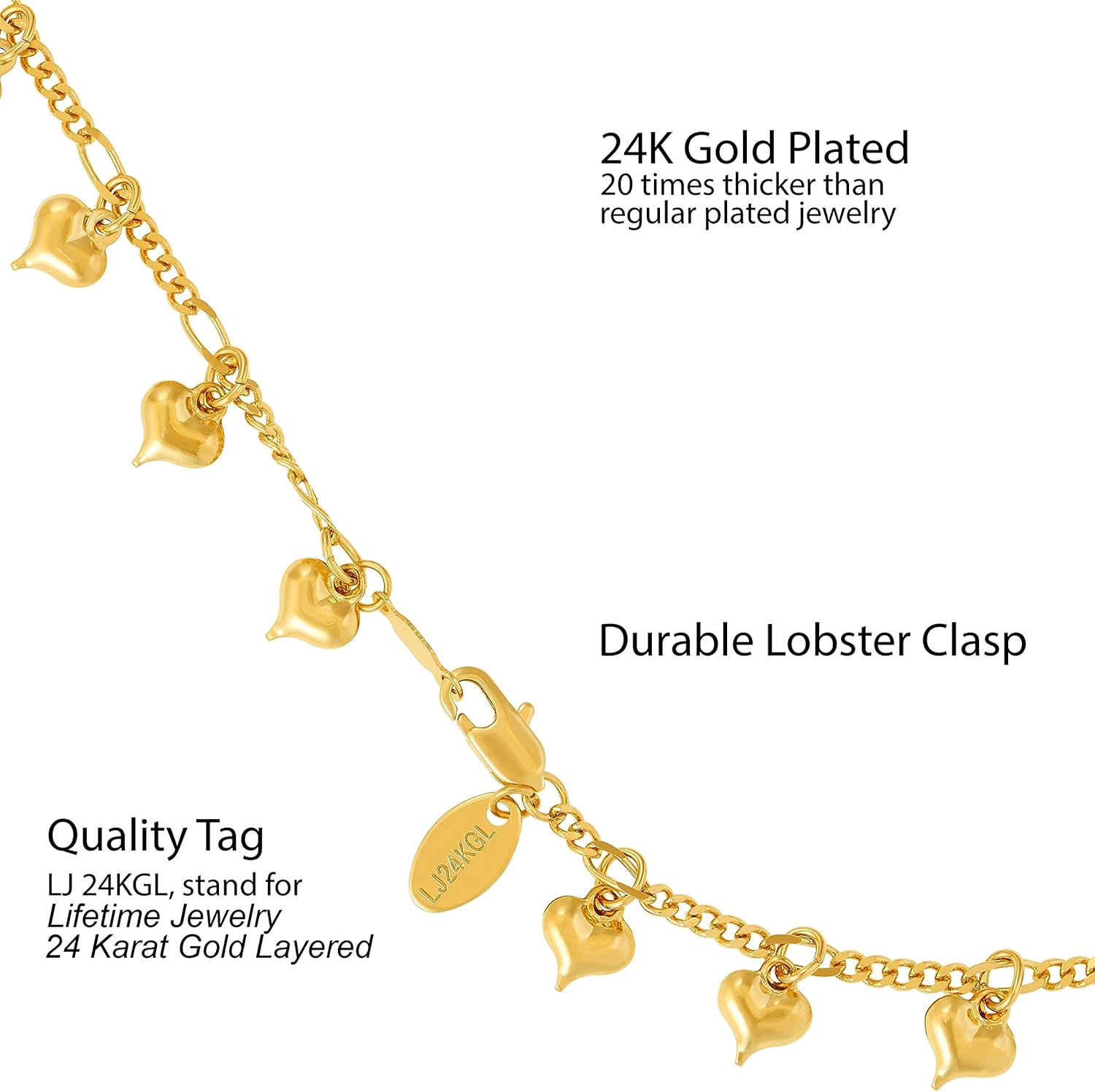 LIFETIME JEWELRY Womens Gold Anklet Dangling Hearts Ankle Bracelet for Teen Girls 24k Gold Plated - Image 4