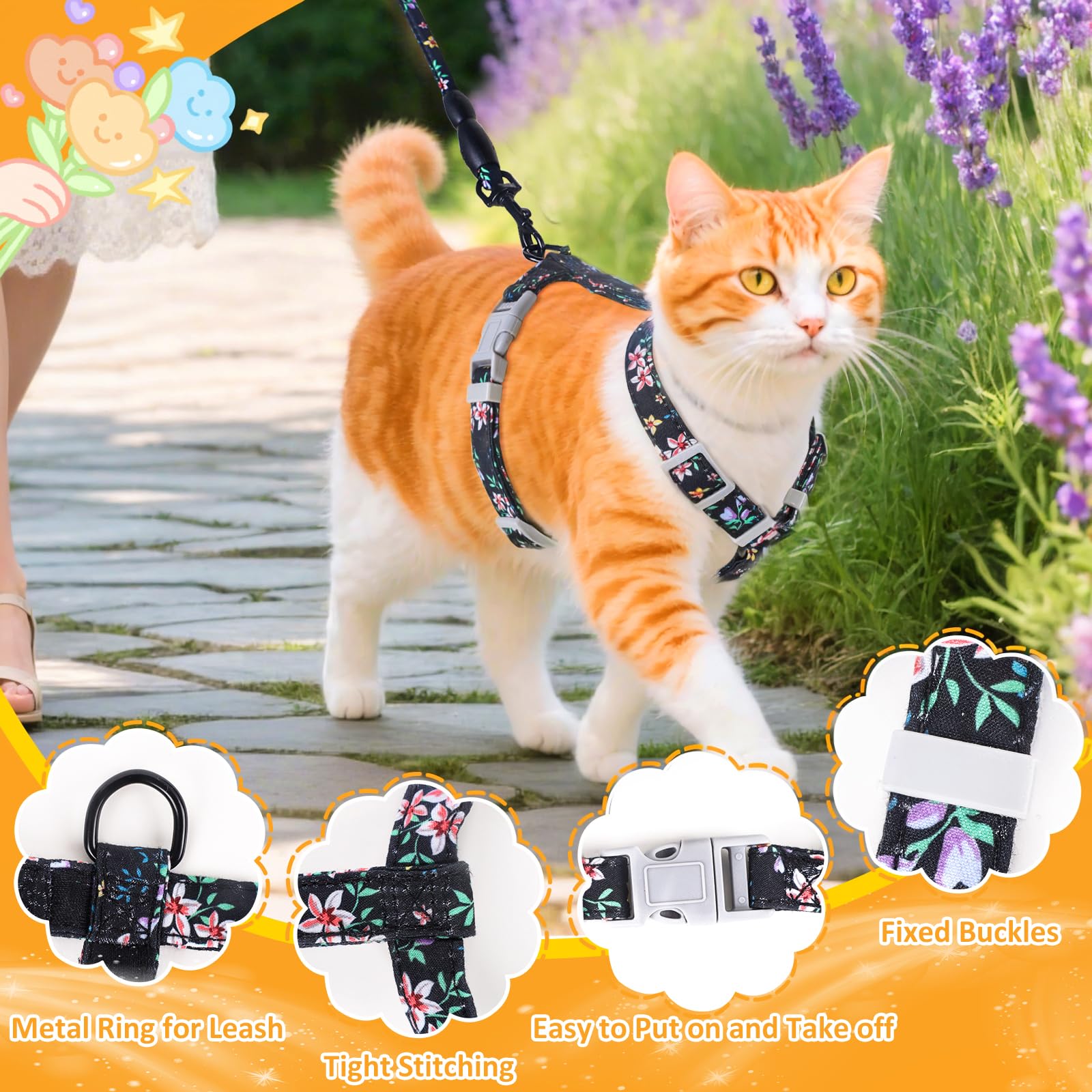 Cat Harness and Leash Set, Lovely Floral Kitten Harnesses with Pet Anti-Lost Pendant, Adjustable Escape Proof Cat Harness, Use Easy Walking Travel Kitten Carrier Cats - Image 4