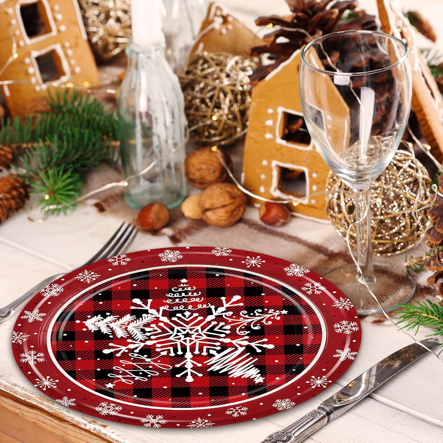 96PCS Winter Snowflake Party Supplies Happy New Year Decoration with Red and Black Plaid Paper Plates Napkins Forks Dinnerware for Home Holiday Birthday Party Decor Serves 24 - Image 4