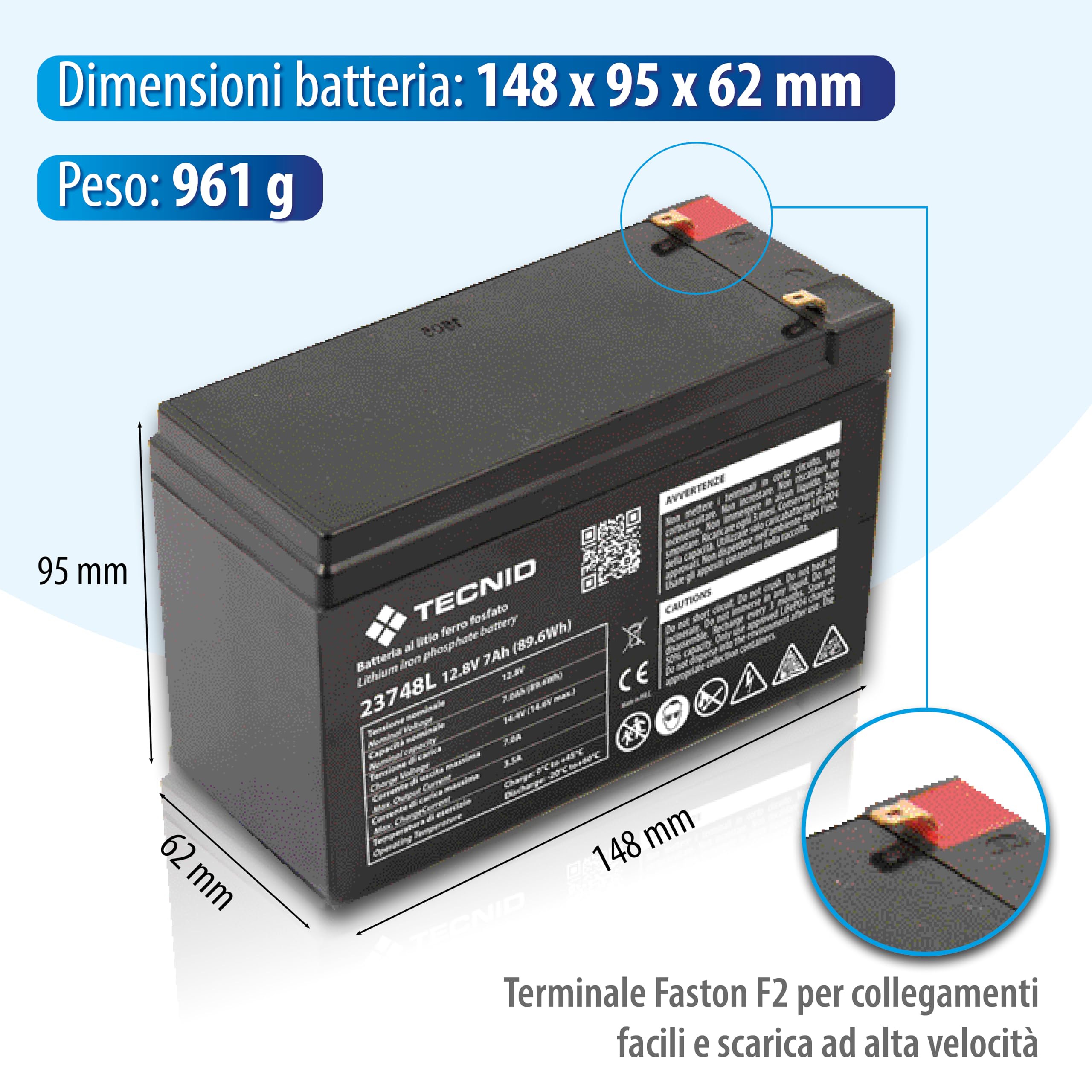 TECNID by Velamp 23748L - Batteria al Litio 12V 7Ah - Attacchi Faston F2 - Ideale per Sistemi di Backup, Allarme, Videosorveglianza, Antincendio, Domotica e UPS