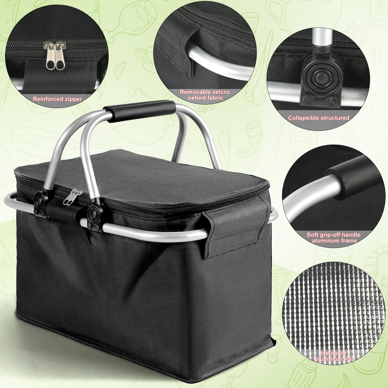 Cesta de Picnic, Comius Sharp Cesta de la Compra Plegable de 18,5 L, Cesta de Picnic Plegable con Aislamiento, Mango de Aluminio Portátil Deslizante, Cesta de la Compra para Trabajo/Viajes/Compras