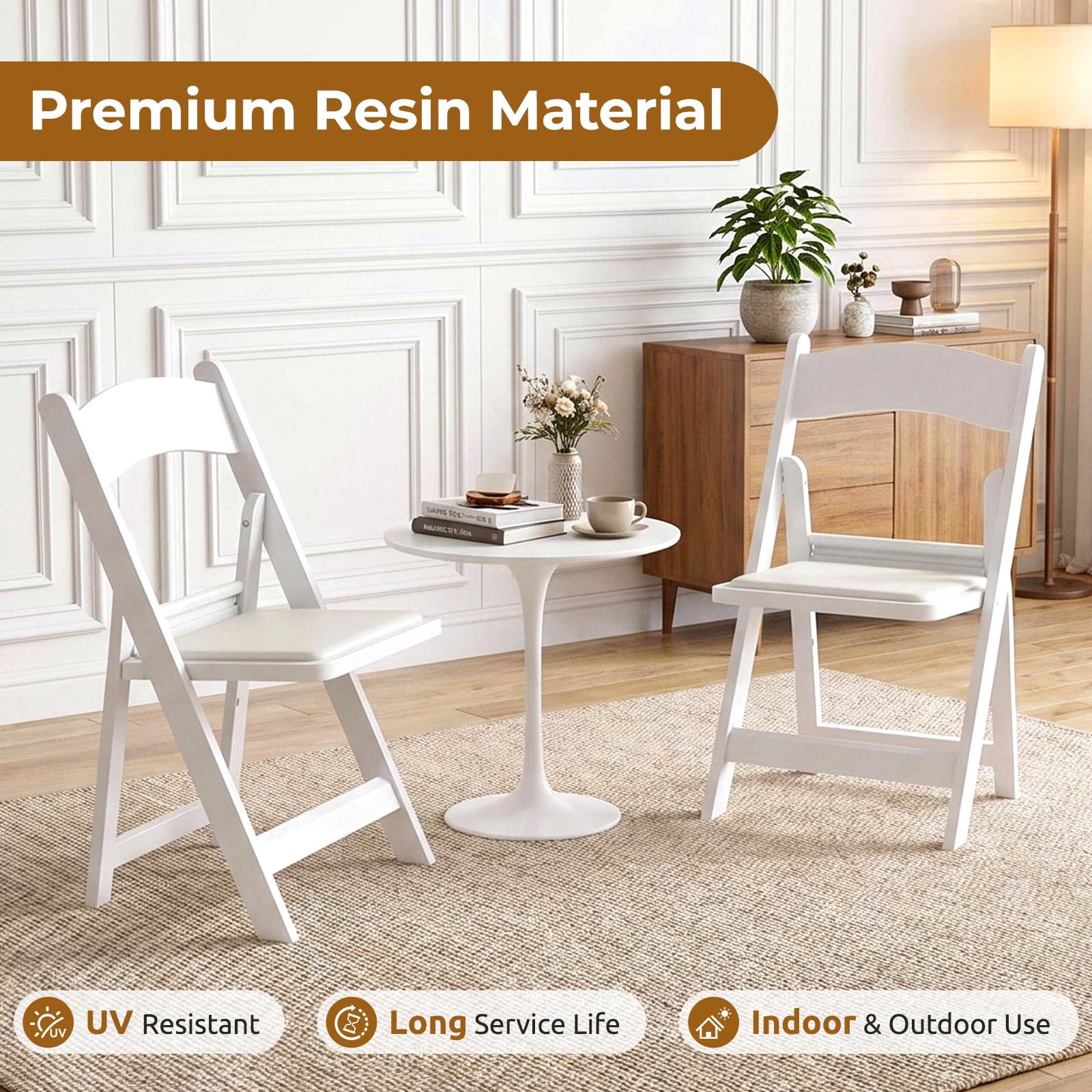 LIFERUN Lot de 2 Chaises Pliantes en Résine, Rembourrées, Charge Maximale 200 Kg, Empilables, Robuste et Durable, Idéales pour Invités, Jardin, Bureau, Camping, Usage Intérieur et Extérieur, Blanc