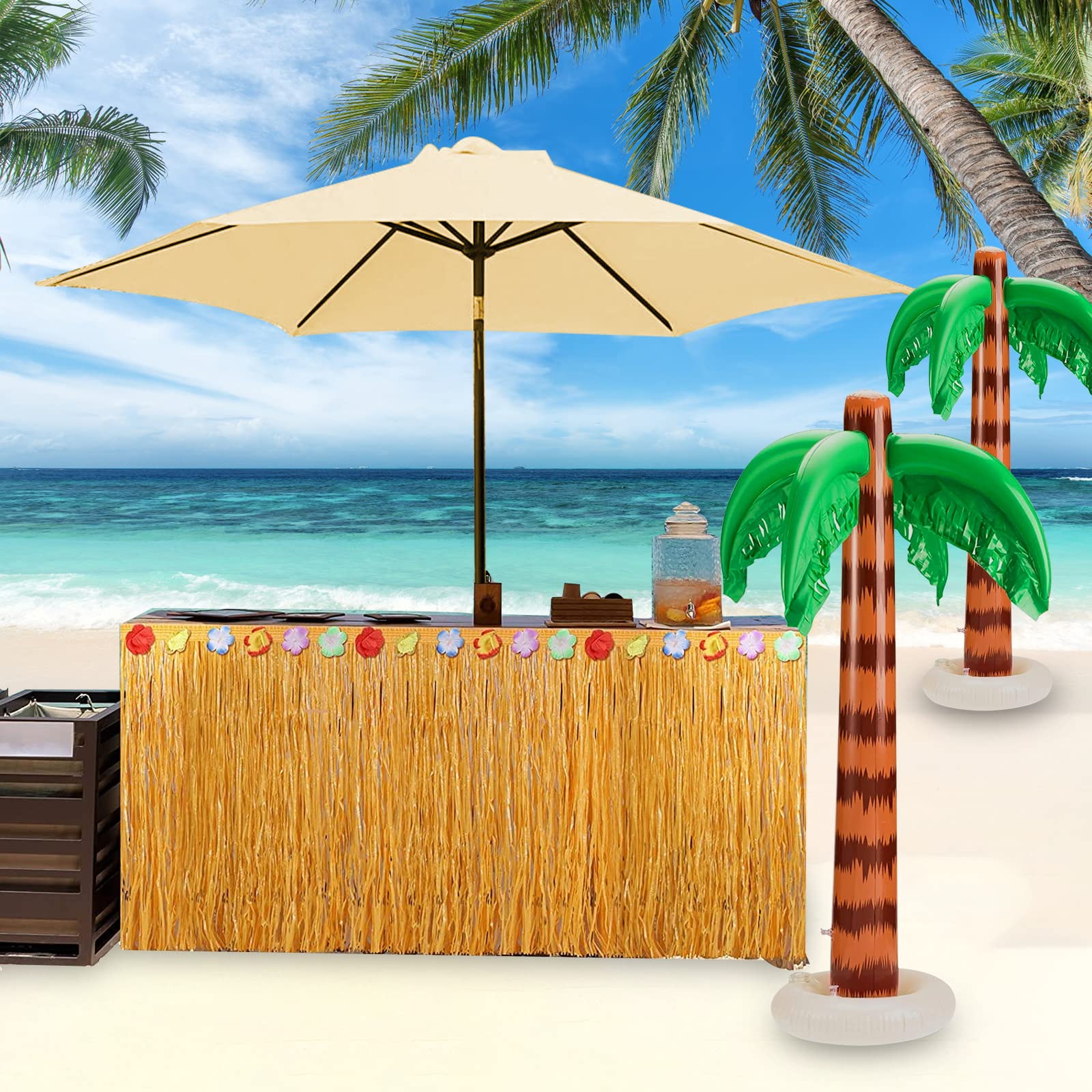 Hileyu Hawaiian Luau Tisch Rock Set 3pcs Hawaiian Party Dekorationen 9.6ft Gras Tischdecken mit Hibiskus Blumen und aufblasbarem Palmenbaum für Sommer Pool Hawaiian Beach Party (Yellow)