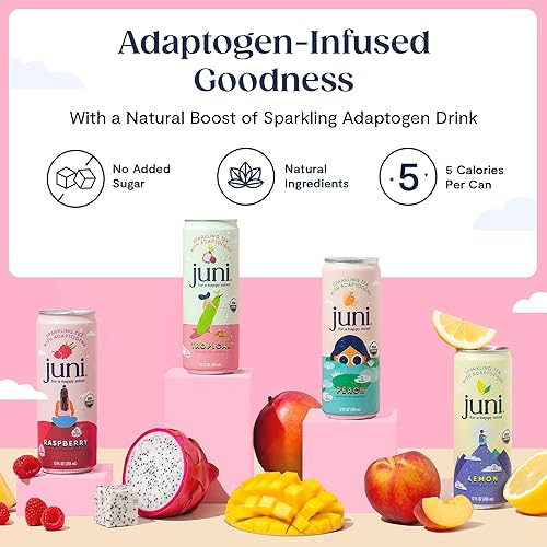 Miniatura 3 de Juni Té espumoso  Cero azúcar, 5 calorías, 33 mg de cafeína natural del té verde  Fabricado con 5 supermezcla de adaptógenos y nootrópicos (paquete