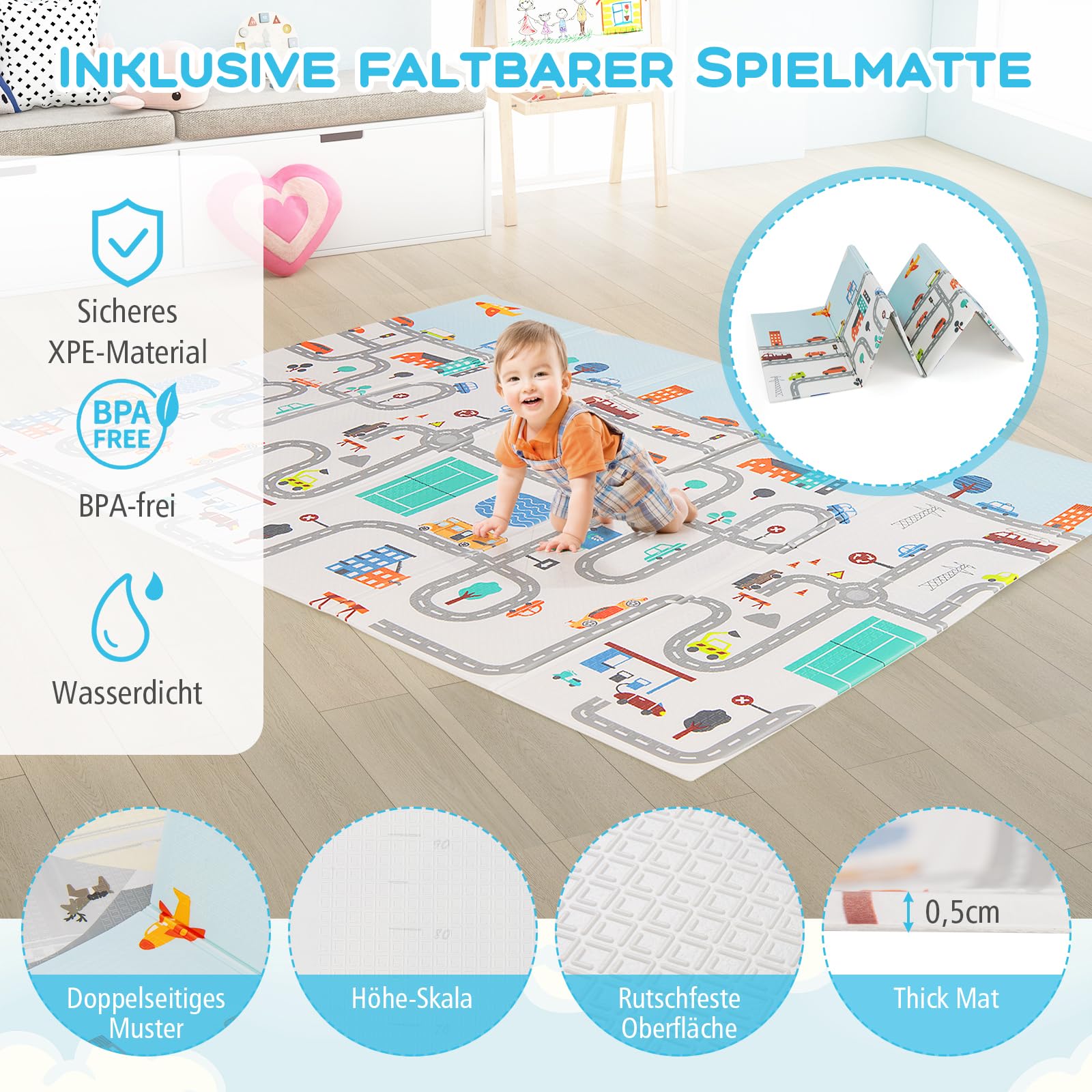 DREAMADE Laufstall Baby, 189 x 158 cm Laufgitter mit Matratze & 4 Zugringen & 50 Ocean Bällen & Tragetasche, Großes Schutzgitter für Baby & Kleinkinder 0-3 Jahren (mit Matratze,Dunkelgrau)